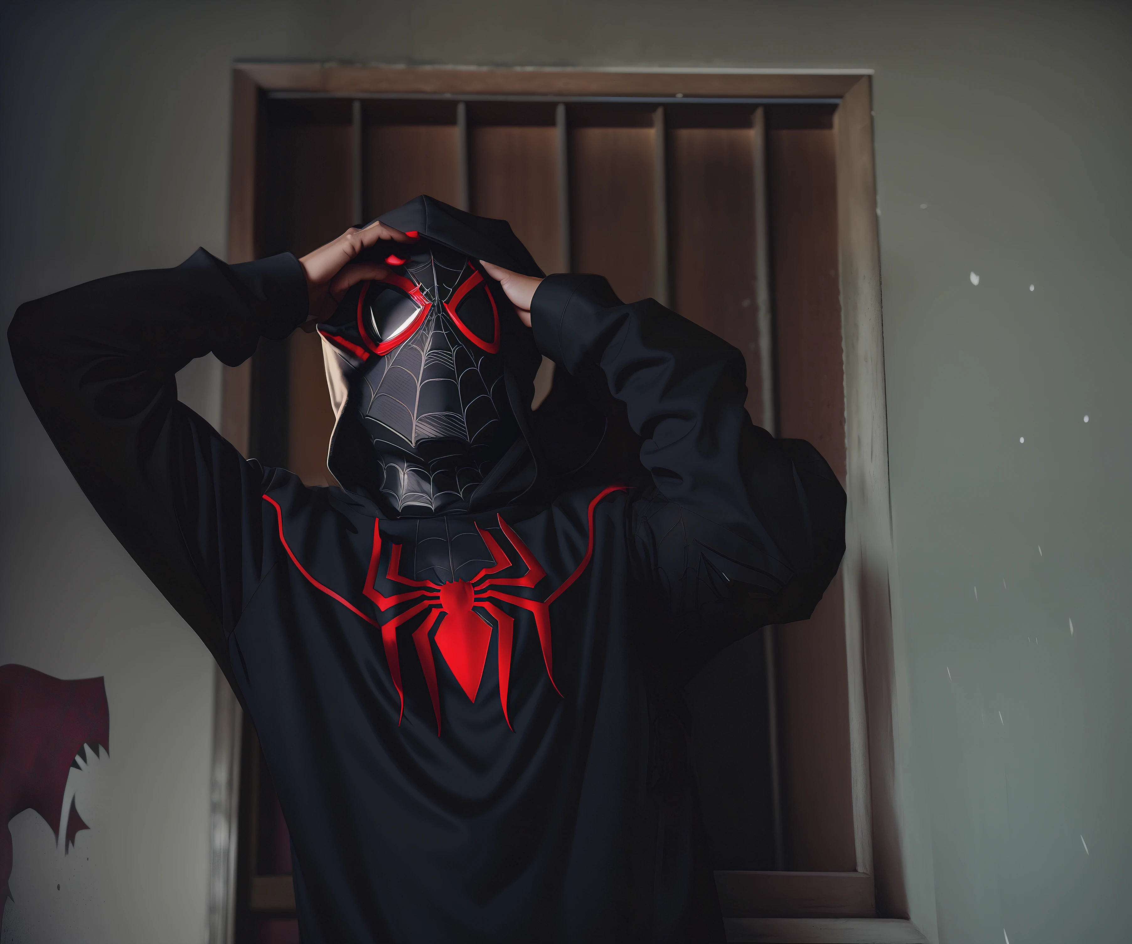 spider - man in a black shirt with red spider - man mask, miles morales!!!, futuristic style spiderman, miles morales, portrait of spiderman, wearing sith hood, red and black cape and hoodie, donald glover as miles morales, spiderman, full samurai armor spiderman, spiderman!!, spiderman in the moshpit, full mask, mid shot portrait, profile image