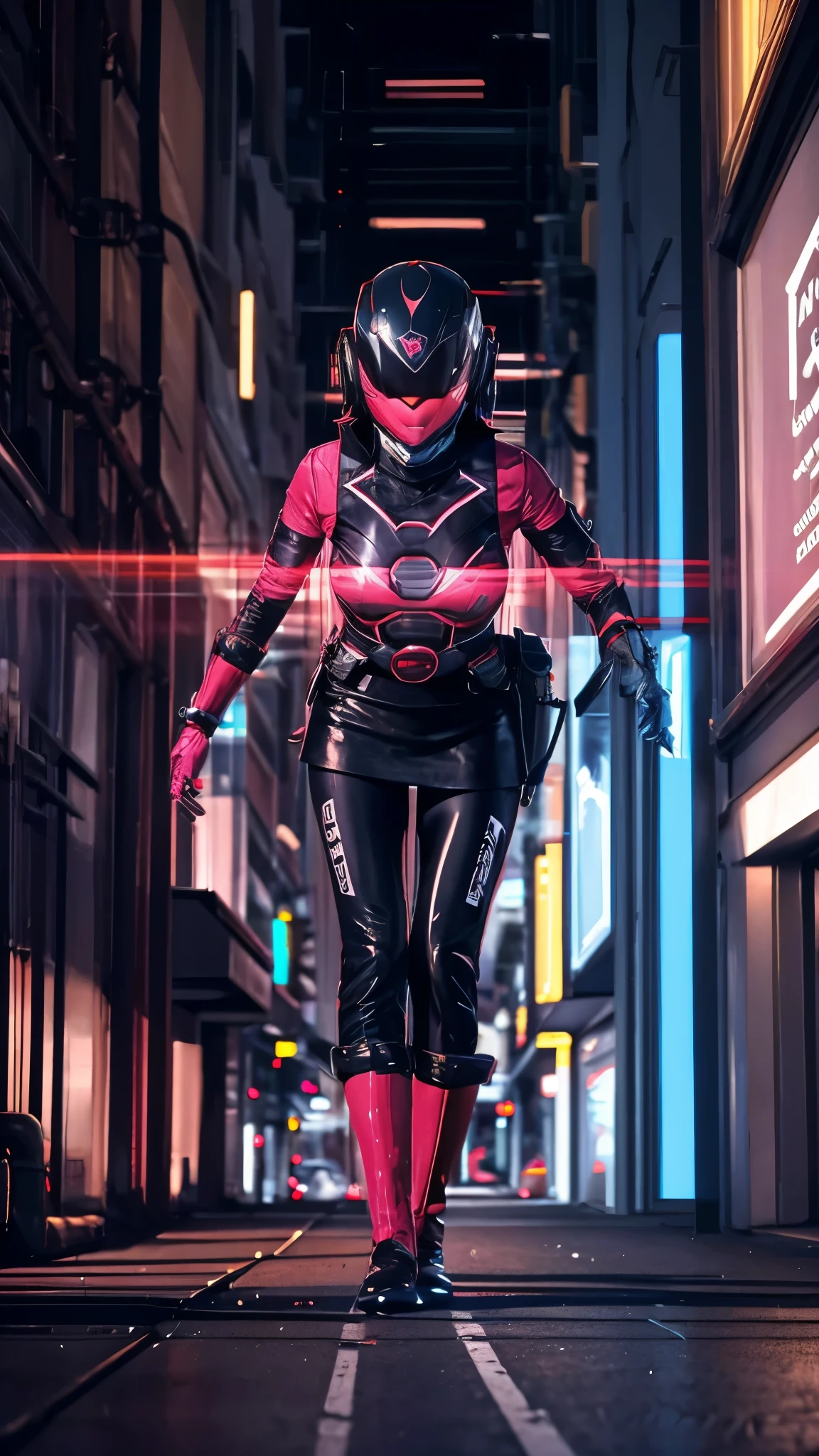 ranger girl running through a cyberpunk city