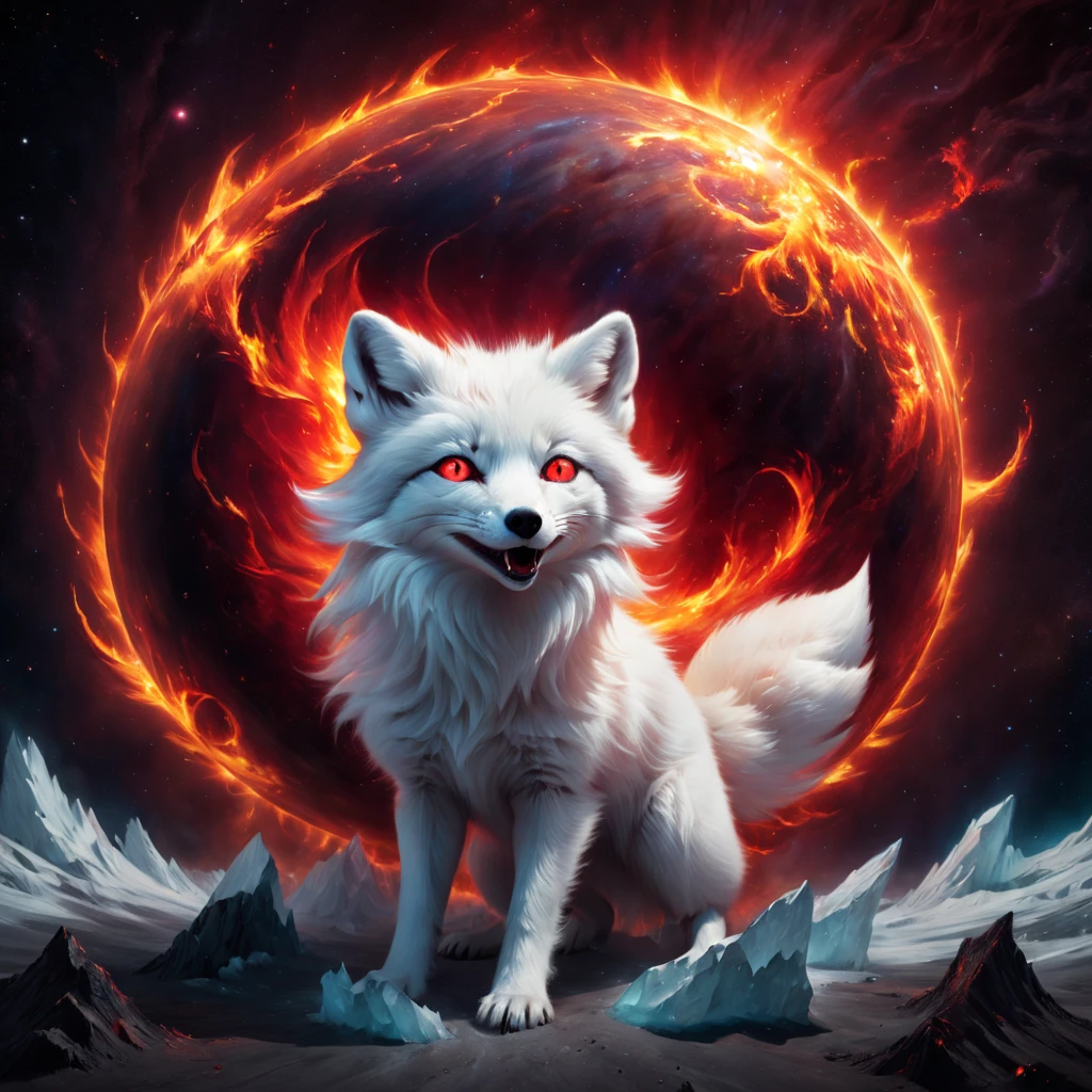 High Resolution, High Quality. Hyperrealistic digital painting of a colossal, radiant largest sparkling diabolical cosmic magnificent white arctic fox in the vacuum of space about to engulf the flaming Globe, its eyes ablaze with a fiery red glare reflecting madness and distress, Anxiety. Madness. A terrible open mouthi, with a surreal and pop art twist, engulfing the viewer in a scene of hyperdetailed anxiety and grandeur, octane rendering, cinematic. hyperrealism, hyper-detailed, digital painting, ultra fine, 8k resolution, breathtaking surreal masterpiece