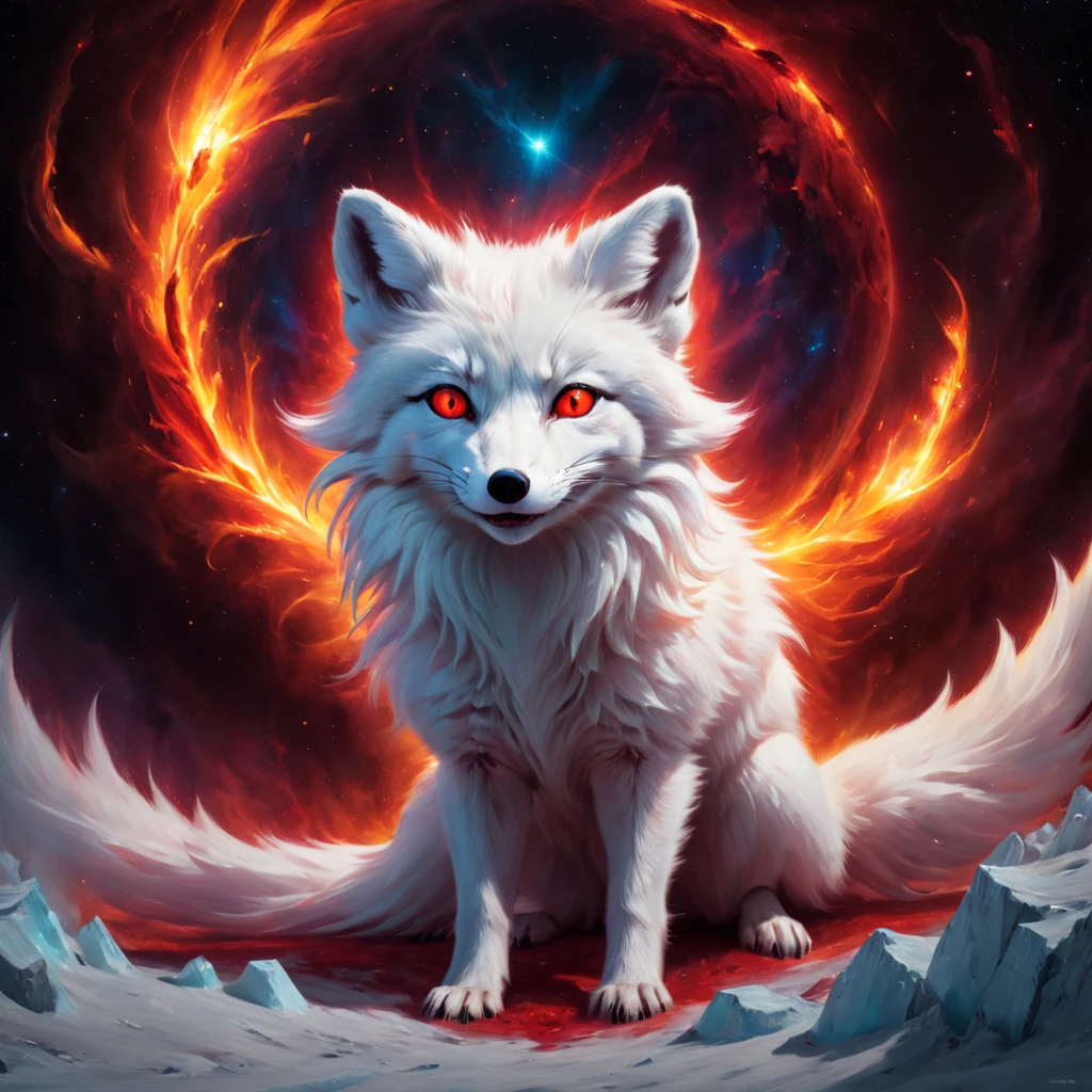High Resolution, High Quality. Hyperrealistic digital painting of a colossal, radiant largest sparkling diabolical cosmic magnificent white arctic fox in the vacuum of space about to engulf the flaming Globe, its eyes ablaze with a fiery red glare reflecting madness and distress, Anxiety. Madness. A terrible open mouthi, with a surreal and pop art twist, engulfing the viewer in a scene of hyperdetailed anxiety and grandeur, octane rendering, cinematic. hyperrealism, hyper-detailed, digital painting, ultra fine, 8k resolution, breathtaking surreal masterpiece