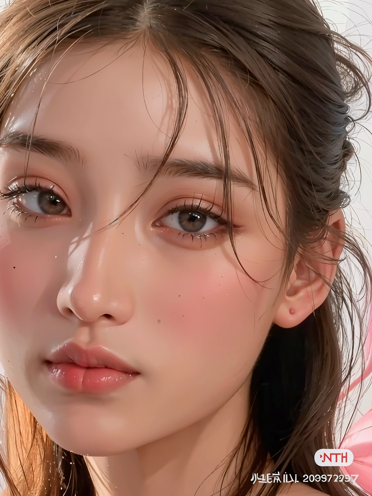 um close de uma mulher com cabelos longos e uma camisa rosa, maquiagem sul-coreana popular, Jinyoung Shin, maquiagem coreana popular, Korean facial features, bae suzy, young lovely korean face, linda mulher sul-coreana, adorable and pale korean face, beautiful aesthetic face, rosto redondo e macio, Linda jovem coreana, brilhante da chuva, Jaeyeon Nam, Linda jovem coreana