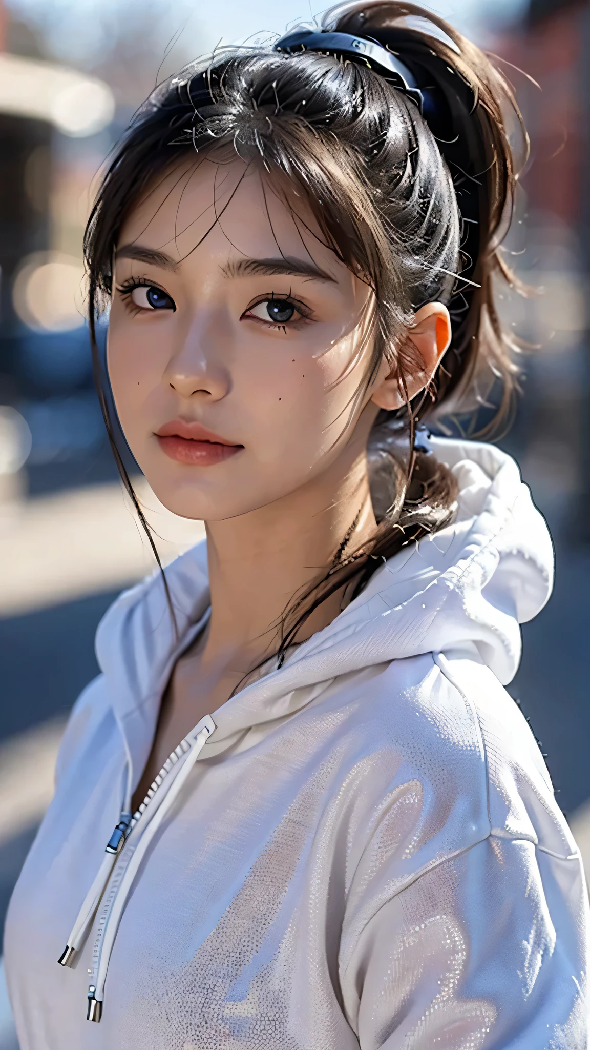 One woman,fully body photo,masutepiece, The highest image quality, High quality, the background is clear,Beautiful woman, Japanese, Detailed, Detailed eyes, Detailed skin, Beautiful skin, 超hight resolution, (reality: 1.4),Very beautiful woman, Slightly younger face, Beautiful skin, slender, (Ultra photo realsisim), (hight resolution), (8K), (Very detailed) (beautifully detailed eyes), (super detailed), (Detailed face), view the viewer, Fine details, Detailed face, Staring straight ahead, Staring straight ahead, photos realistic, Bright lighting, Professional Lighting, Black hair,poneyTail,a ,sixteen ye is ponytail,long ponytail hairstyle,slight smile,neat and tidy clothing,European Streets,winter Clothing,snowing,wears a hoodie with a hood,