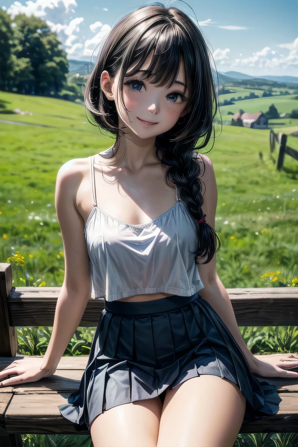 Very cute and beautiful girl,(very detailed beautiful face and eyes:1.2),(Smile),Happy,(White camisole),Cowboy Shot,
zettai ryouiki,Beautiful legs,(Blue pleated mini skirt),Sitting,Spread legs,Dynamic Angle,Black hair,twin braids,
countryside,grassy fields,On the hill,Small multicolored flowers,
(Best Quality,masutepiece:1.2),Intricate details,hight resolution,(1 girl,Solo:1.2),
Natural lighting,Hair fluttering in the wind,Beautiful detailed sky,Looking at Viewer,