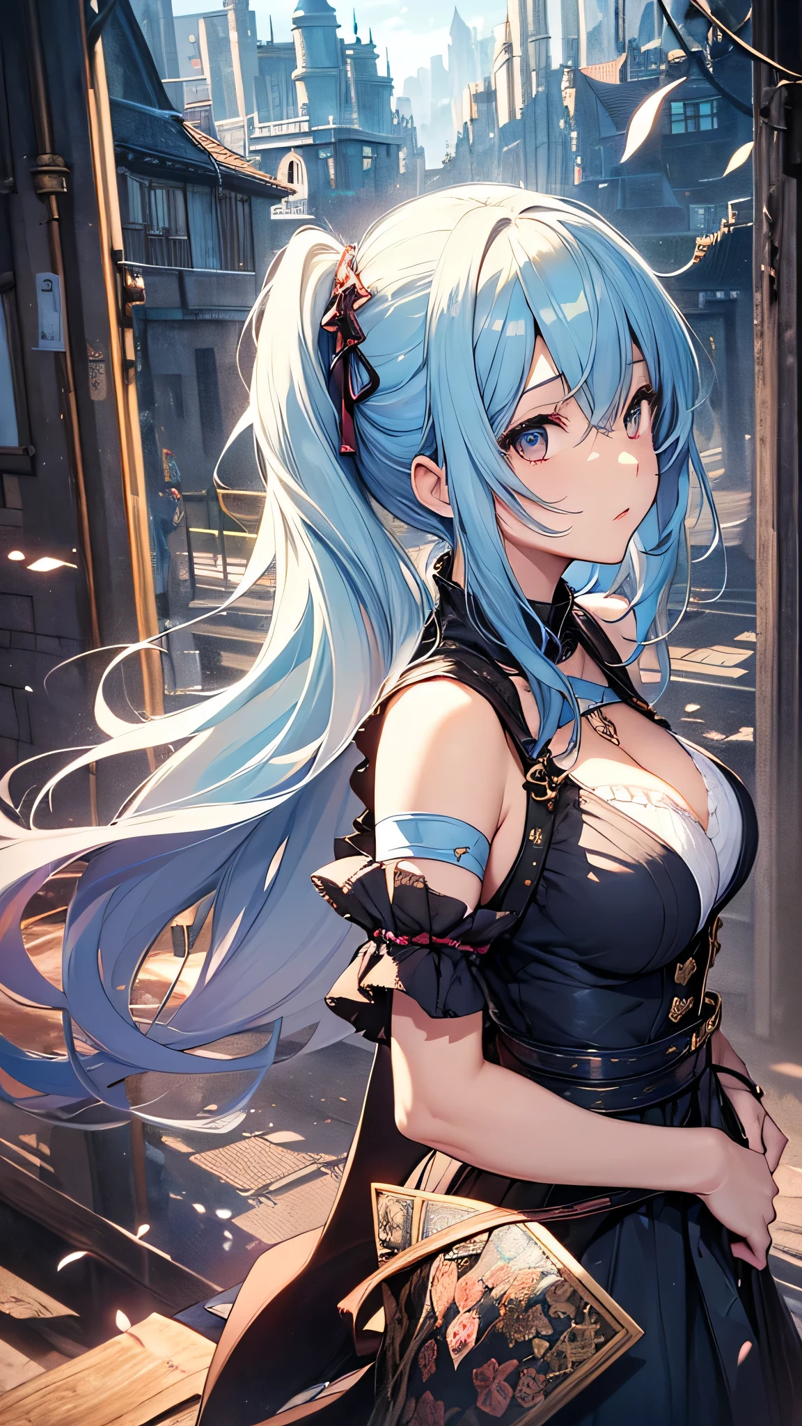 最high quality、best image quality、masterpiece、girl((20-year-old、 By becoming、vest bust、medium bust,wide open breast tea、shining eyes, light blue hair、long hair、thin,highest valley、ponytail、action of looking up、bandage、black dress、long skirt、Rear view、emphasize the buttocks,surprised face、use magic)),high quality、beautiful art、background((Gorgeous castle、beautiful atmosphere))、Flight、debris flies、Depth of written boundary、movie、visual art、perfect art、8k,genuine、