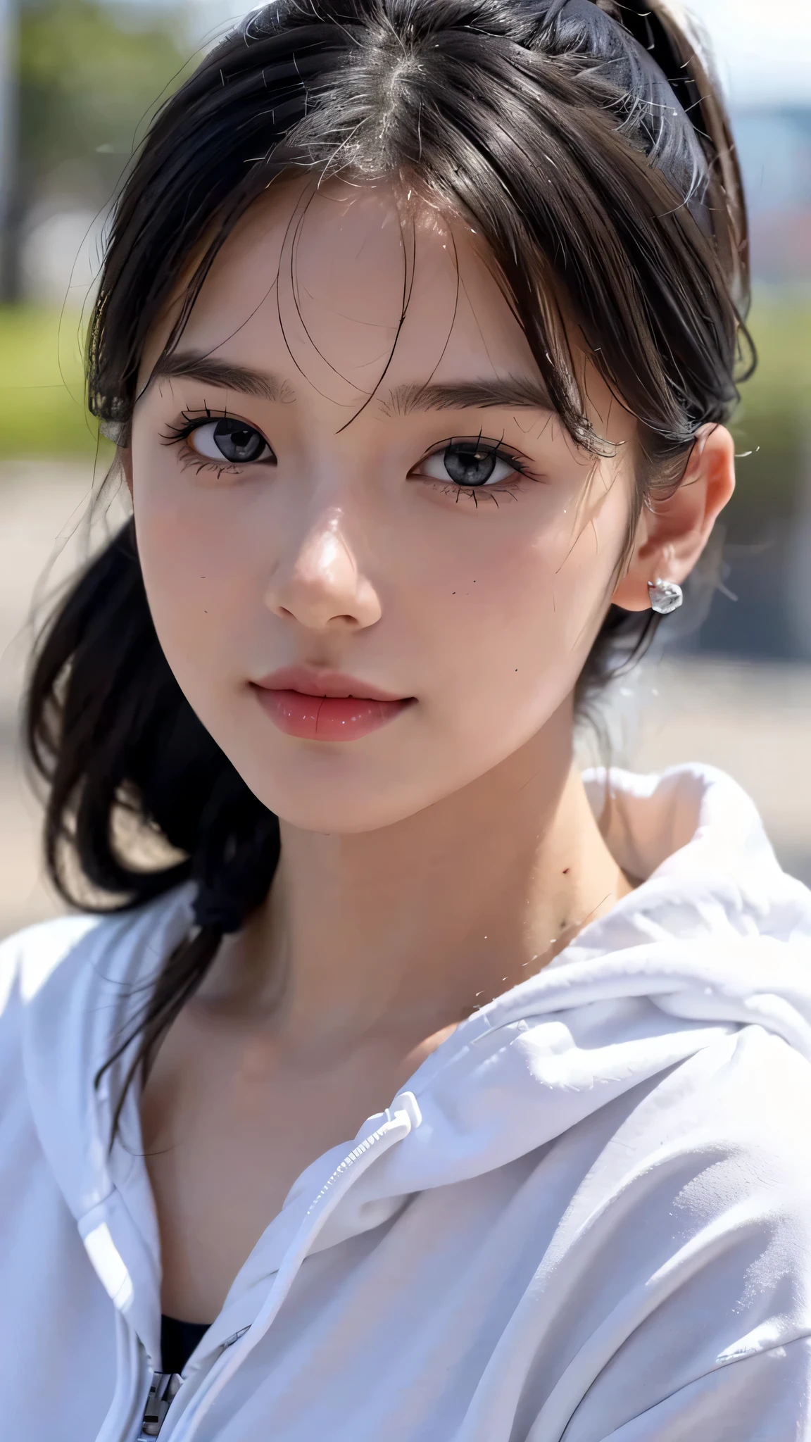One woman,fully body photo,masutepiece, The highest image quality, High quality, the background is clear,Beautiful woman, Japanese, Detailed, Detailed eyes, Detailed skin, Beautiful skin, 超hight resolution, (reality: 1.4),Very beautiful woman, Slightly younger face, Beautiful skin, slender, (Ultra photo realsisim), (hight resolution), (8K), (Very detailed) (beautifully detailed eyes), (super detailed), (Detailed face), view the viewer, Fine details, Detailed face, Staring straight ahead, Staring straight ahead, photos realistic, Bright lighting, Professional Lighting, Black hair,poneyTail,a baby face,sixteen years old,Hairstyle is ponytail,long ponytail hairstyle,slight smile,neat and tidy clothing,European Streets,winter Clothing,snowing,wears a hoodie with a hood,