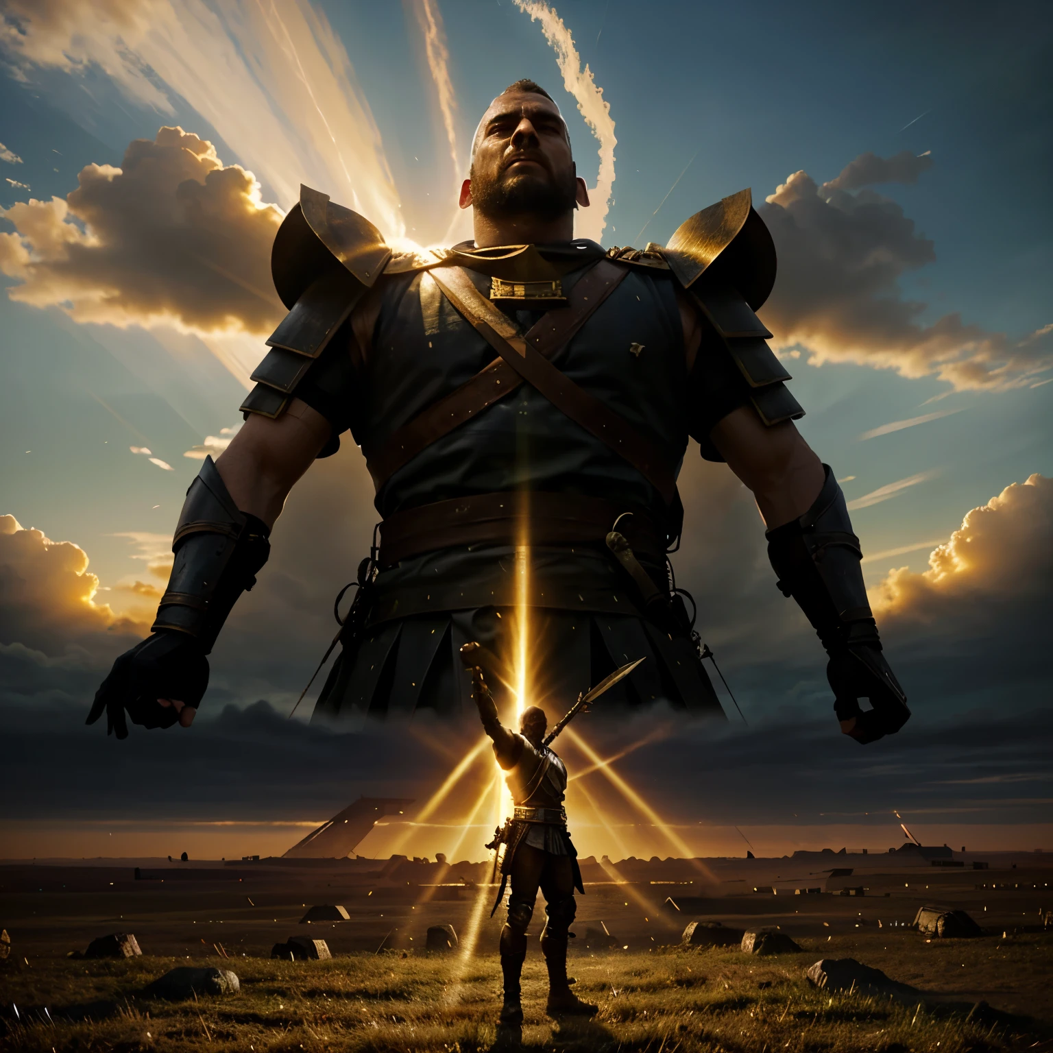 Title: The Prayer of the Unbroken: A Battlefield Miracle
Generate an epic image portraying a battlefield in full conflict, where two armies clash fiercely with swords and shields, the clashing steel resounding rhythmically in the air. In the background of the scene, the sun sets on the horizon, casting a golden light over the land and creating elongated shadows of the combatants. The sky is filled with dark, ominous clouds, adding a sense of urgency and tension to the moment.
At the center of the image, stands a man in ancient armor praying, reminiscent of the time of Moses, his strong build and poised stance ex