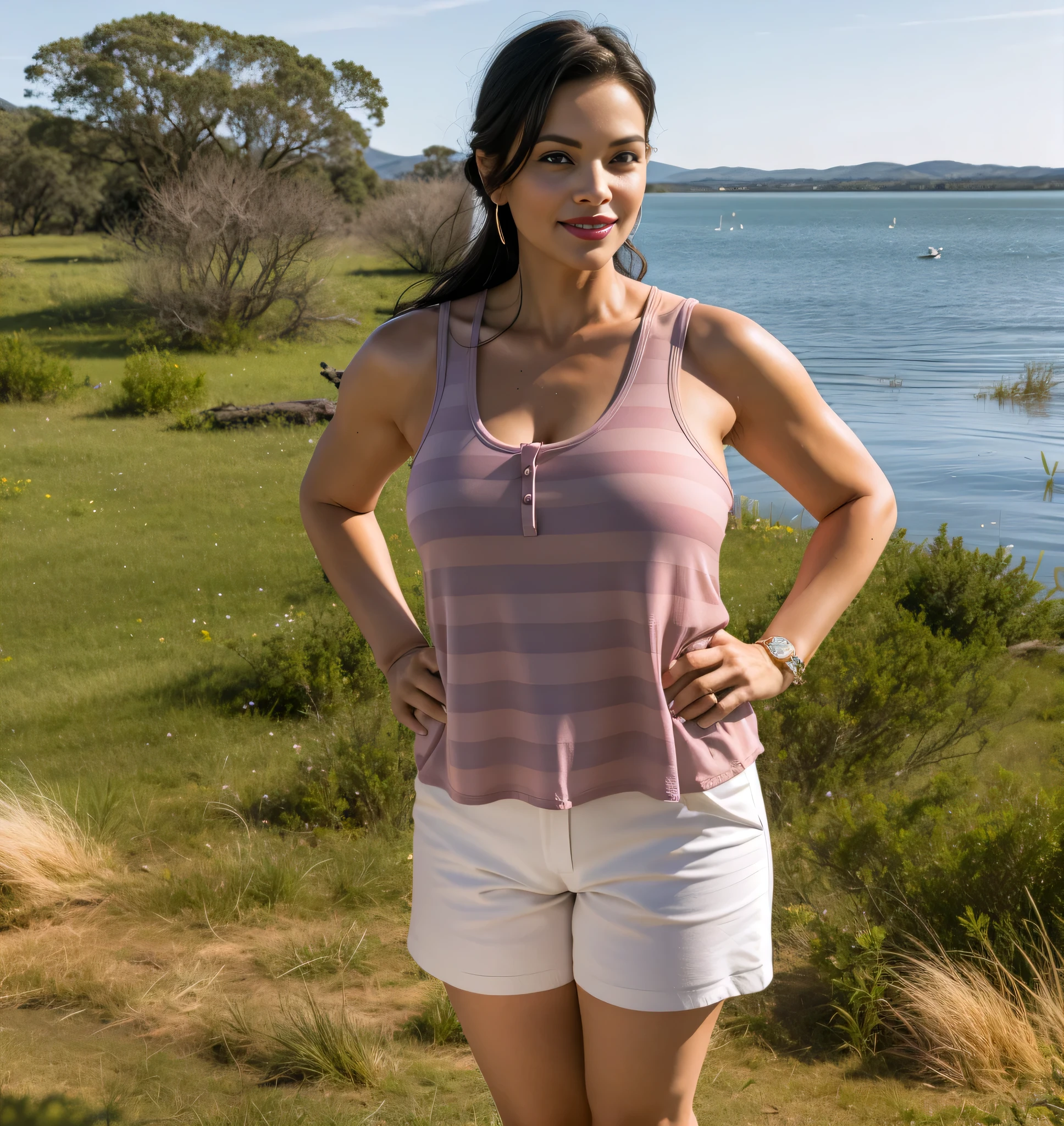 Mulher parada na frente de um rio, plano amplo de corpo inteiro, no lago, standing next to water, lago ao fundo, standing in the savannah, Foto completa, perto de um lago, vestindo uma regata e shorts, vestindo regata, stopped em um lago, em um lago. Mulher com pele branca e cabelos escuros. Ela tem cerca de 45 anos. Her pink lips, seus olhos castanhos escuros, grande e charmoso. Corpo fino, cintura fina. Your body exudes glamor and your face is the definition of beauty. altamente realista, lindo, pink lips, pink lipstick, sorridente, feeling of lightness and joy, pele muito elaborada. foto clara, alta qualidade, high resolution, obra de arte, 8K.