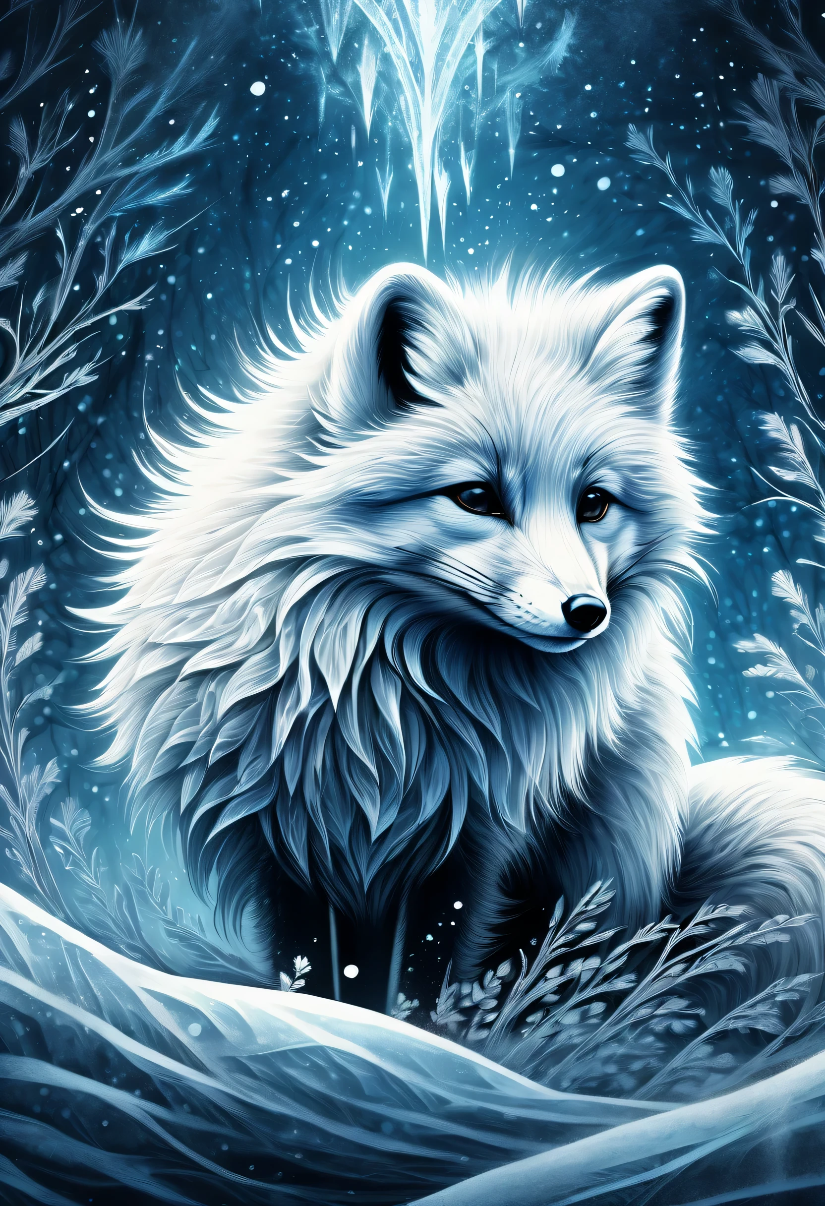 Illustration of an arctic fox in grunge style, Fur mix with delicate and powerful brush strokes, A frozen being in the darkness, lead to the core, core radiates, Releases a delicate power even while confined in darkness, The fox is sleeping with a cold, frozen world, breathe life into this creature, cold and frozen landscape, With intricate details and very fine brush strokes, Intricate details and fine lines, Visually stunning illustrations, dark fantasy atmosphere, tonal contrast, High quality grunge illustration, Amazingly complex 16K rendering,