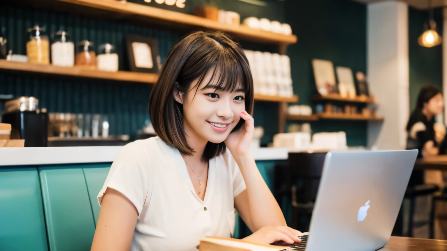 ((最high quality, 8k, masterpiece: 1.3)), perfect face,Inside a stylish cafe in New York、A scene in which a beautiful model-like woman with big breasts is drinking a latte and studying on a laptop.,All around you, you can see other customers enjoying their time.。At the back of the cafe、The staff are busy working at the counter.、You can feel the liveliness and warmth typical of urban cafes., sharp focus, 1 girl, Sexy 1.2, brown hair, With bangs, (layered short hair), (big: 1.5), fine eyes, Beautiful eyes with long slits, double eyelid, (cat face), (cute Face), cute Smile, (close your mouth), (cute), soft skin, Show the whole body, surreal, super detailed, high quality, (Beautiful female college student with short hair studying in a cafe), ((詳細な非常にcute女子大生), ((巨乳 It can be seen even through clothes))