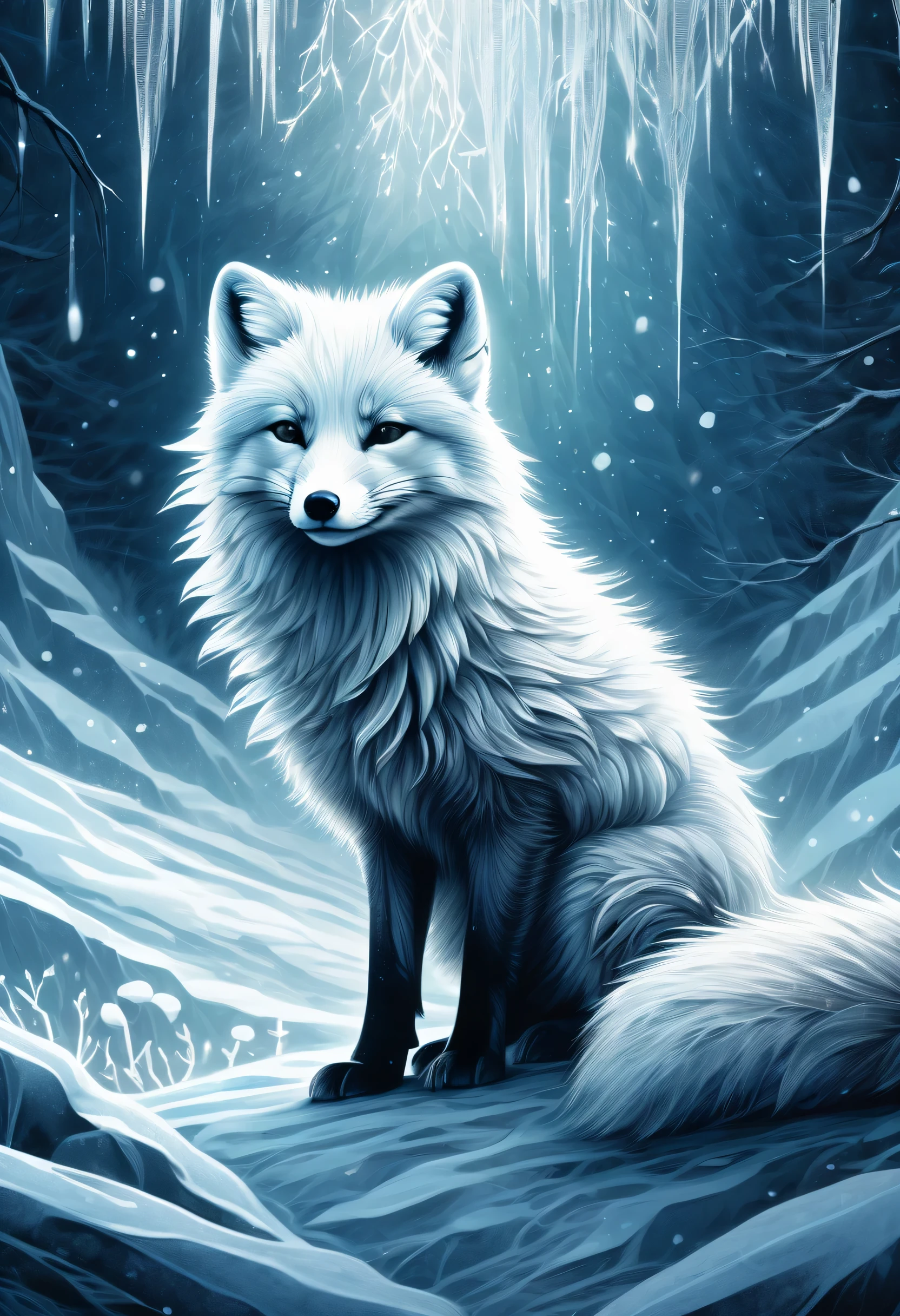 Illustration of an arctic fox in grunge style, Fur mix with delicate and powerful brush strokes, A frozen being in the darkness, lead to the core, core radiates, Releases a delicate power even while confined in darkness, The fox is sleeping with a cold, frozen world, breathe life into this creature, cold and frozen landscape, With intricate details and very fine brush strokes, Intricate details and fine lines, Visually stunning illustrations, dark fantasy atmosphere, tonal contrast, High quality grunge illustration, Amazingly complex 16K rendering,