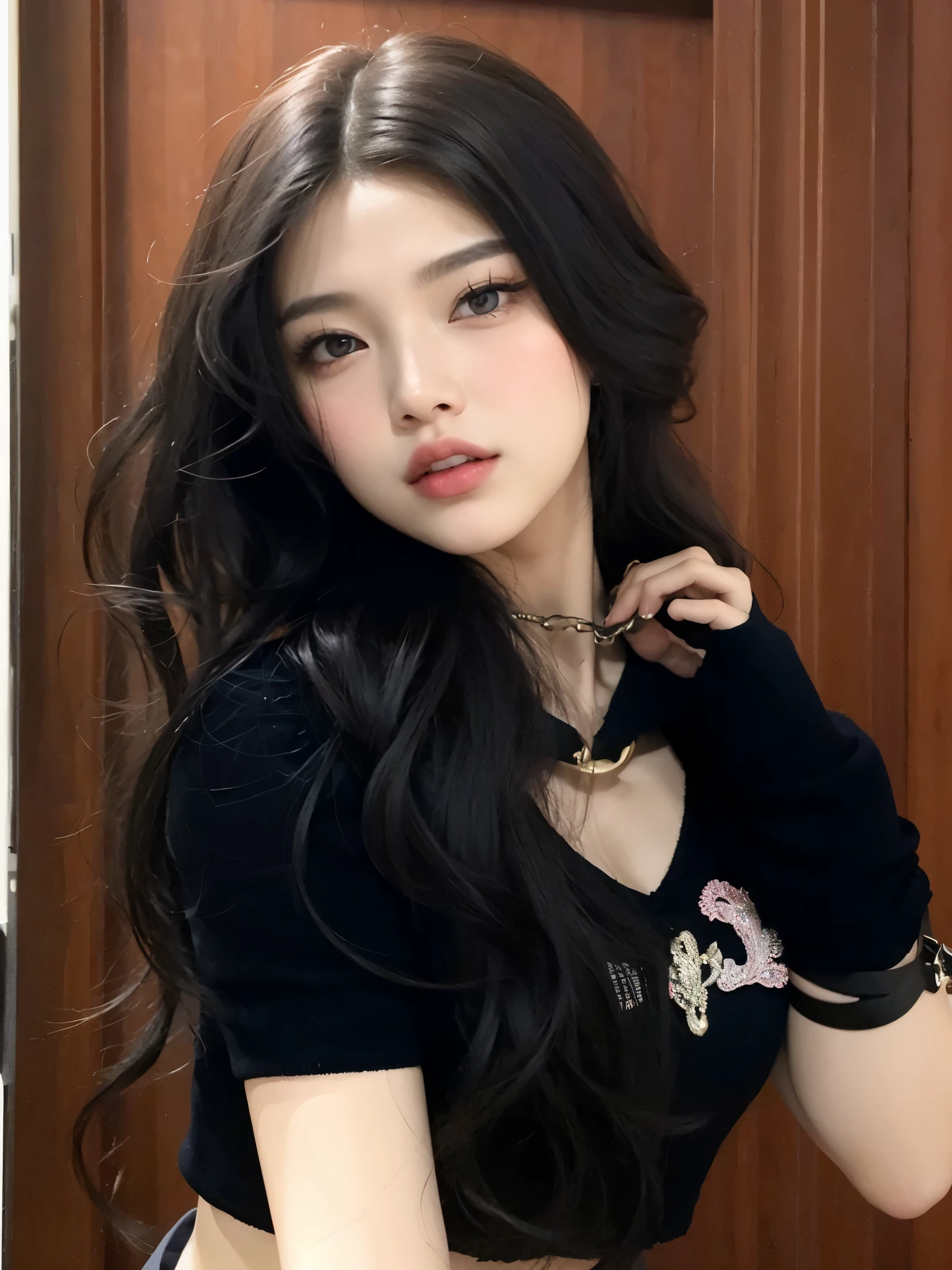 um close de uma mulher com cabelos longos e uma blusa preta, beautiful south mulher coreana, gorgeous young mulher coreana, coreana, beautiful young mulher coreana, Ulzzang, Asian with long hair, mulher coreana, cruel korean goth girl, Beautiful Asian girl, com cabelos longos e olhos penetrantes, young lovely korean face, even model | artegerm