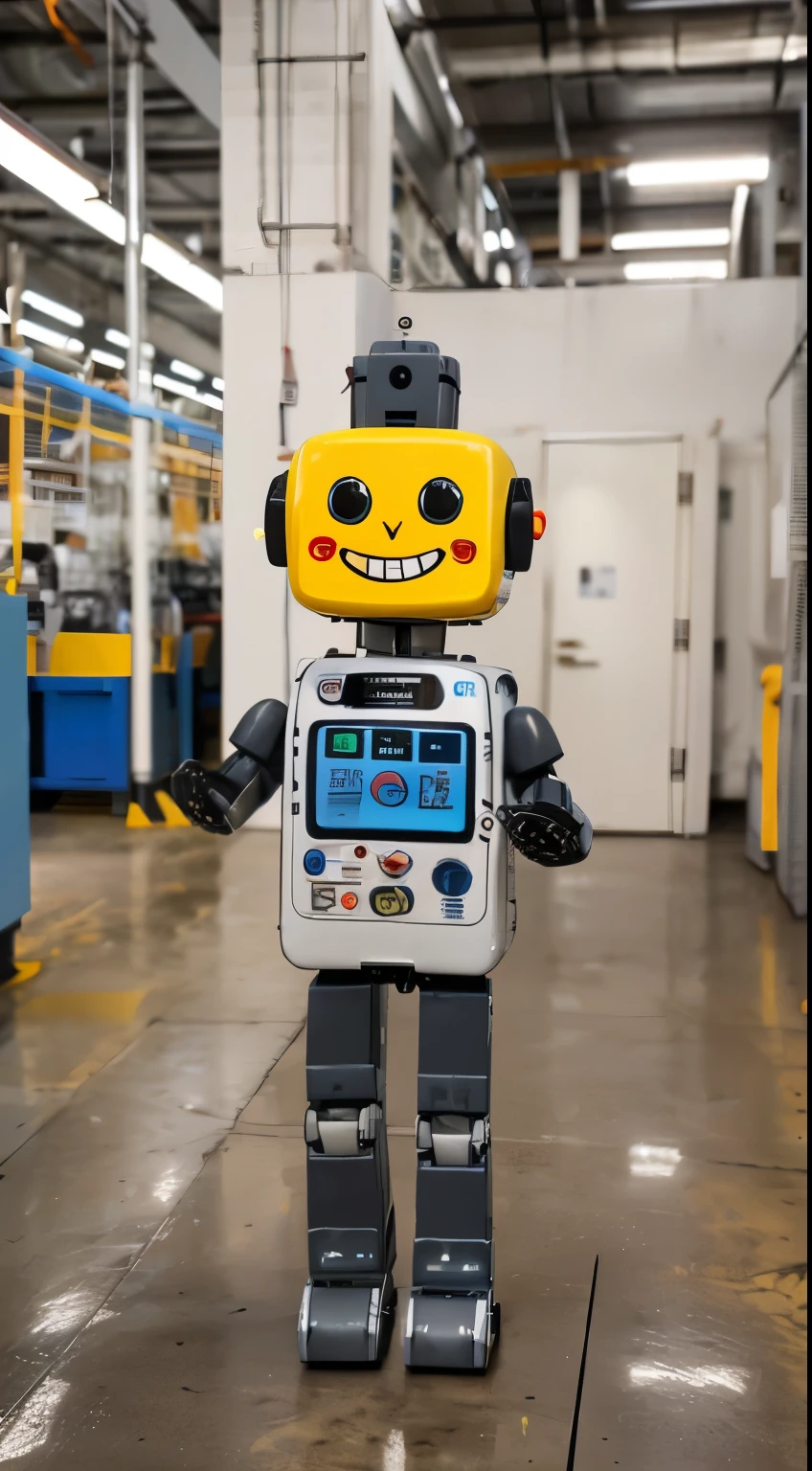 A cheerful and happy little robot inside a factory who would like to be a and have a family