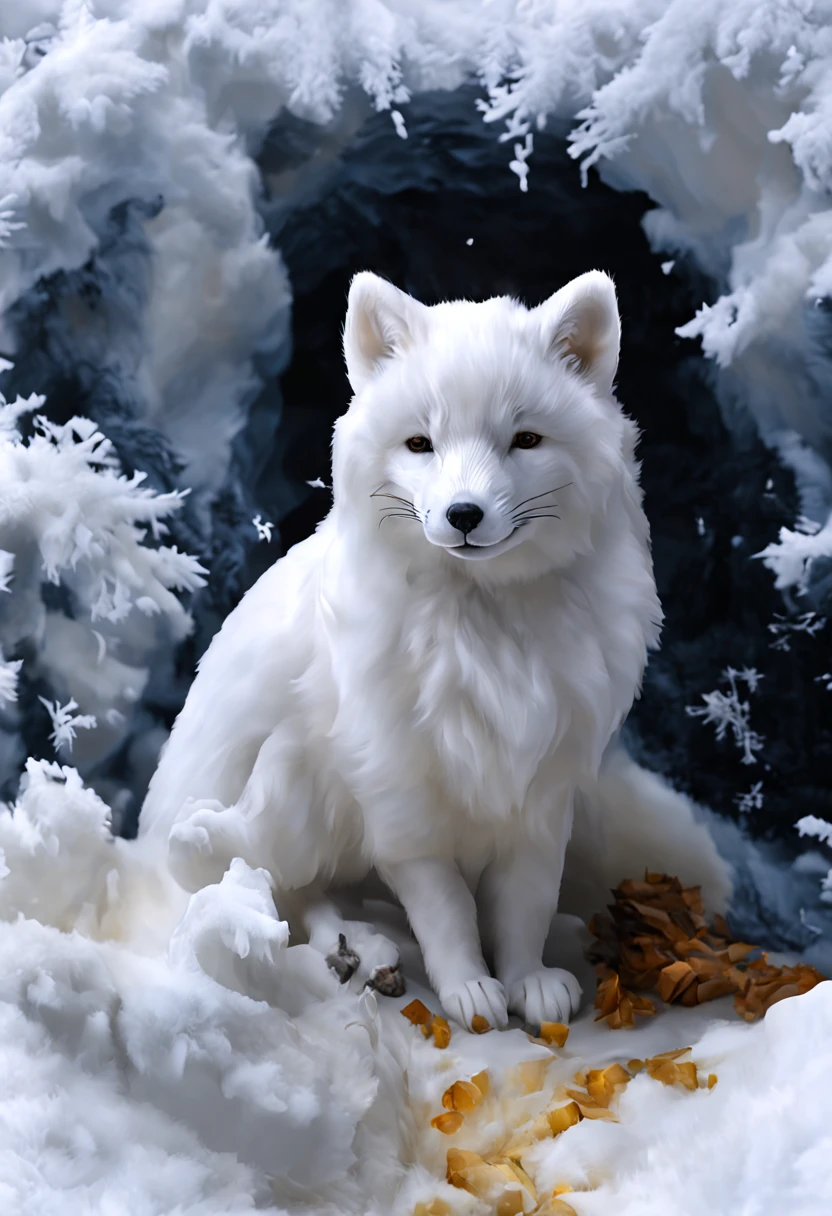 The king of ice and snow The white arctic fox is like the king of ice and snow，Their presence adds to the mystery and beauty of polar environments with intricate details, masterpiece, beautiful. lifelike, 原始图像masterpiece, anatomically correct, best quality winter mood.Photo quality.ultra high definition, anatomically correct