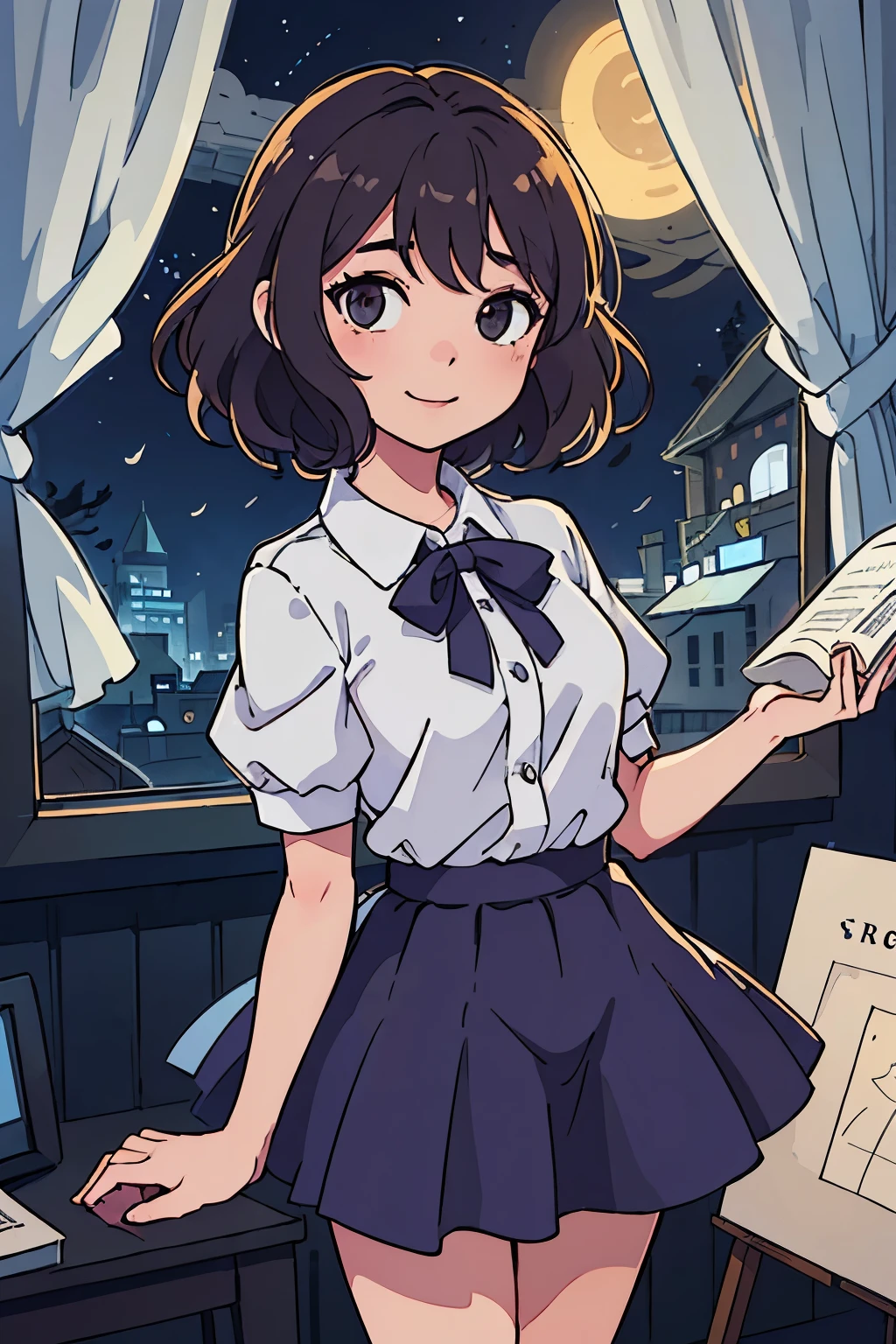(highest quality:0.8) perfect anime illustration, cute, night、moonlight、window、happy woman with short brown curly hair, Wearing random clothes, skirt　I read a book