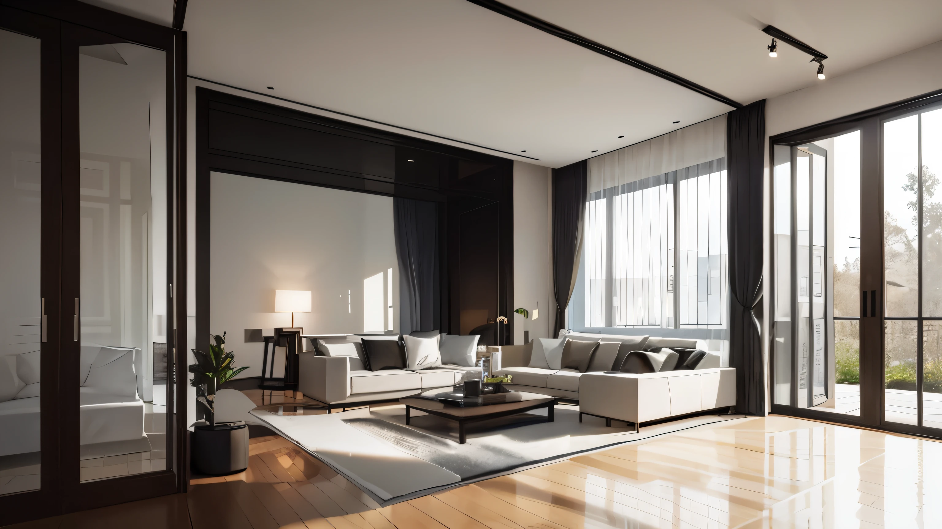 you are a famous interior designer、I was asked to create a 3D image of a large modern room.。. Create a harmonious environment with modern and minimalist furniture. Including garden interior.