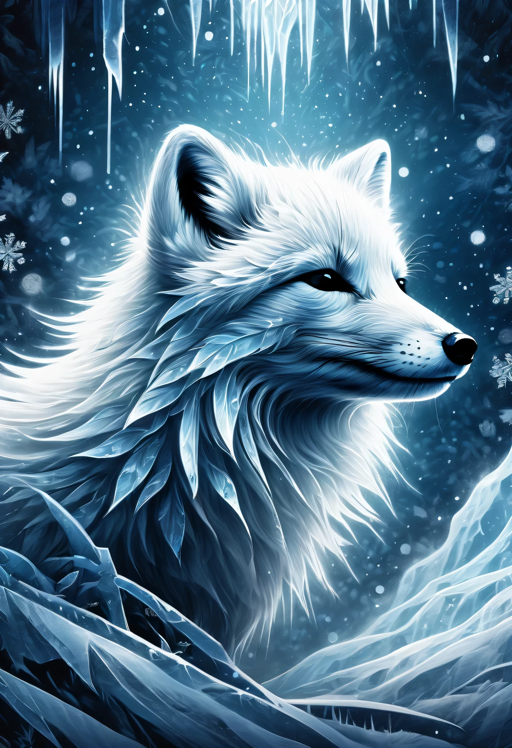 Illustration of an arctic fox in grunge style, Fur mix with delicate and powerful brush strokes, A frozen being in the darkness, lead to the core, core radiates, Releases a delicate power even while confined in darkness, The fox is sleeping with a cold, frozen world, breathe life into this creature, cold and frozen landscape, With intricate details and very fine brush strokes, Intricate details and fine lines, Visually stunning illustrations, dark fantasy atmosphere, tonal contrast, High quality grunge illustration, Amazingly complex 16K rendering,