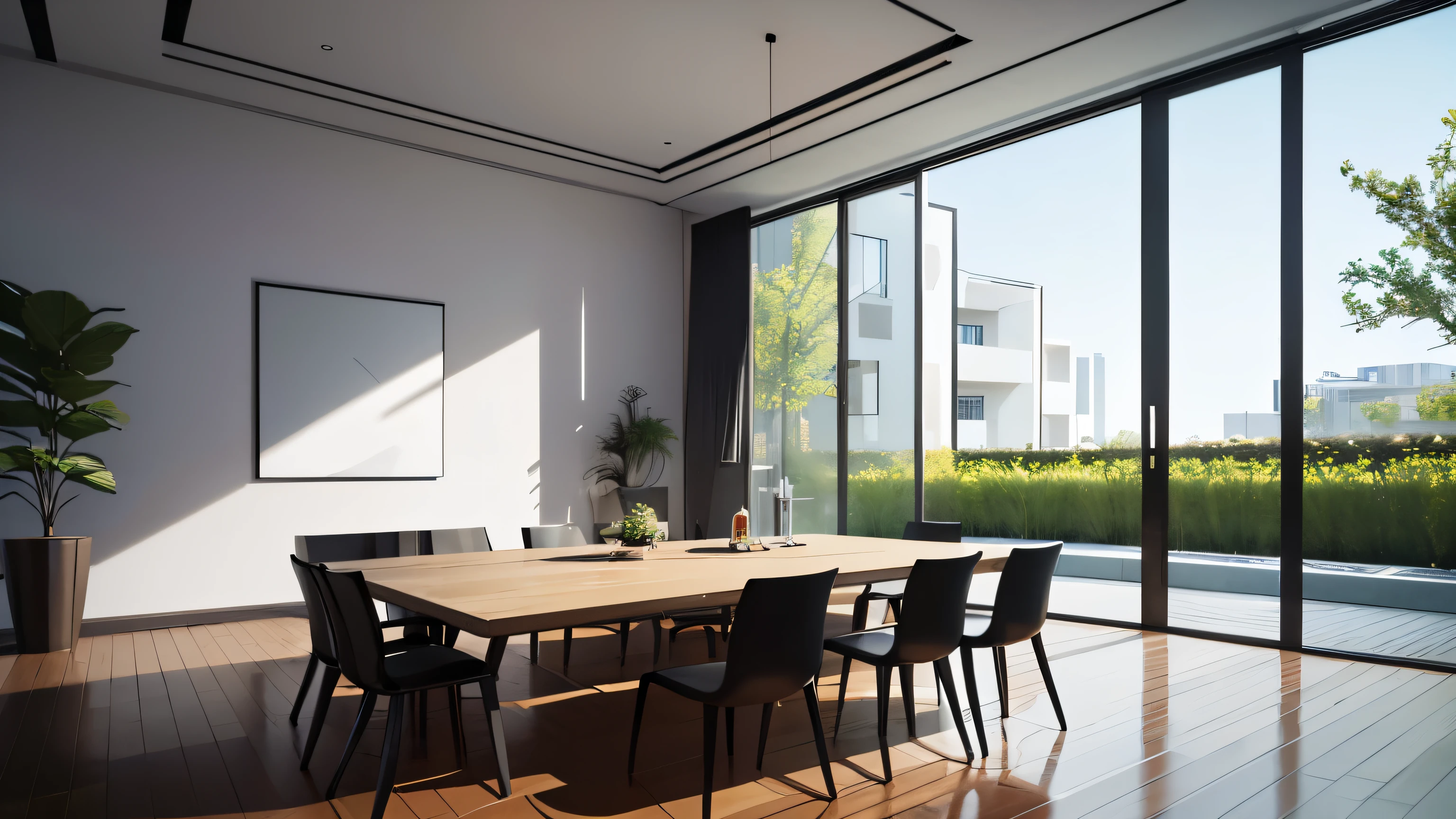 you are a famous interior designer、I was asked to create a 3D image of a large modern room.。. Create a harmonious environment with modern and minimalist furniture. Including garden interior.