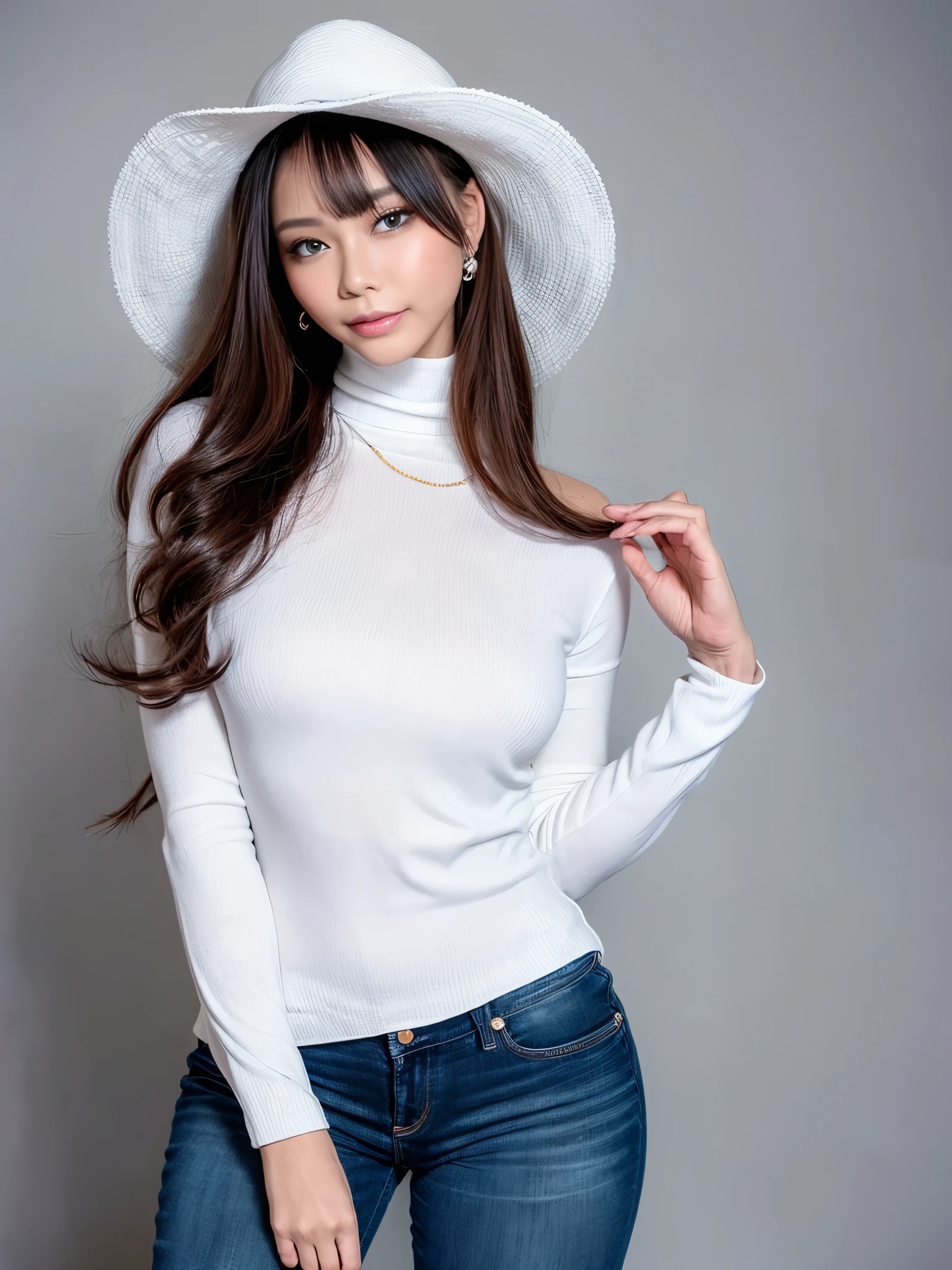 very beautiful asian girl,alone,mature woman,路上でalone,white turtleneck long sleeve sweater,denim short,shiny black sea hat(This is a very delicate and beautiful work.:1.2)super model figures,supermodel height,very beautiful girl,perfect diagram example,slim and toned body,toned body shape,Plump,perfect body curve,of the skin,Clear and elegant skin quality(Advanced skin details:1.1)perfect korean idol face,nice and beautiful smile,long golden hair,head of bright golden wavy hair,Clear and fine-textured hair(premium hair detail:1.1),exquisite eye makeup,delicate eye details,blue eyes(advanced eye details:1.1)Best example of 4 fingers and 1 thumb,Legs with perfect proportions of thighs and calves(jade feet)wear earrings,choker necklace,bracelet,sweater series,jeans series,photographic works,best work,highest quality,super sophisticated,very high resolution,aloneの撮影