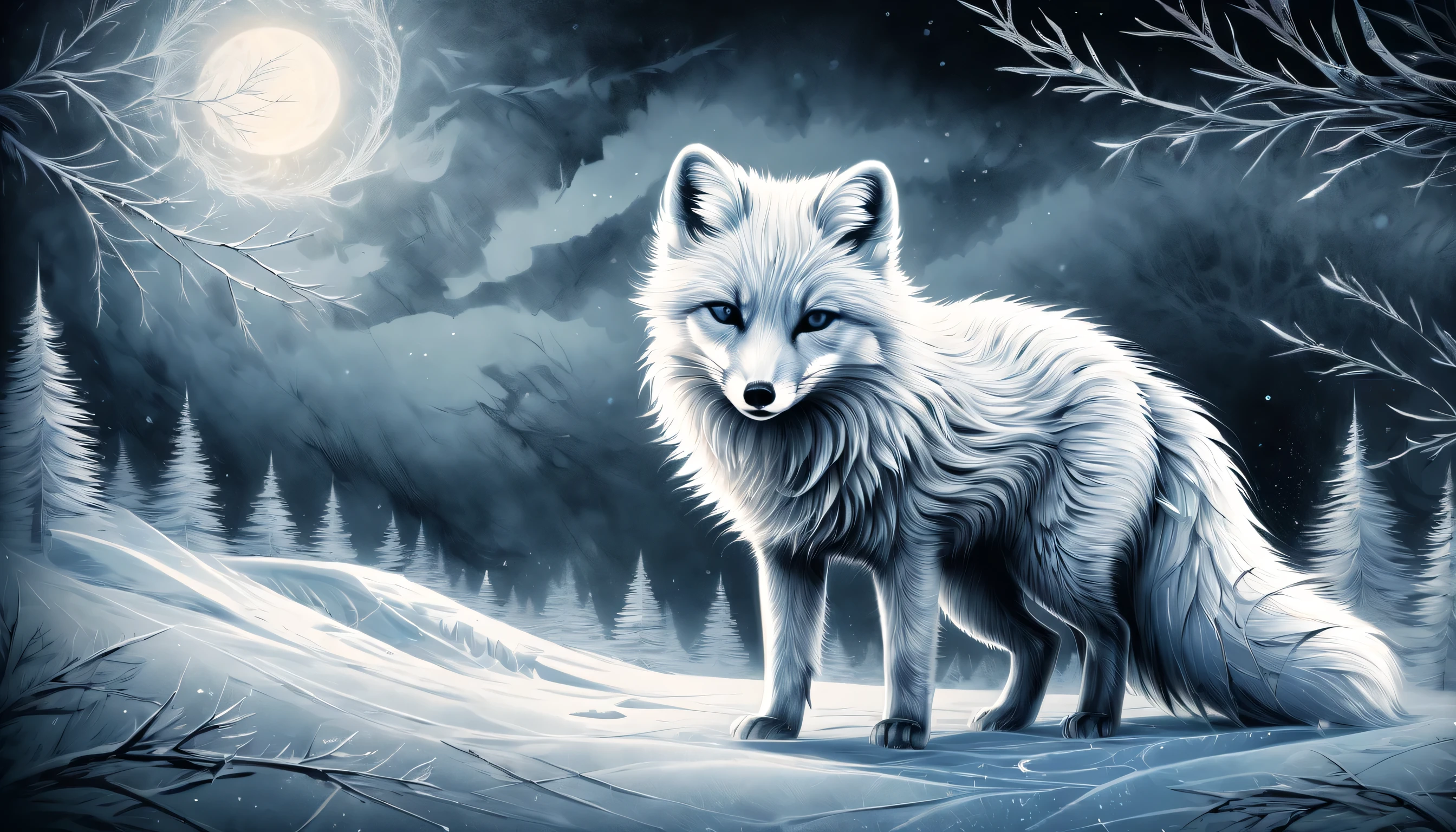 Illustration of an arctic fox in grunge style, Fur mix with delicate and powerful brush strokes, A frozen being in the darkness, lead to the core, core radiates, Releases a delicate power even while confined in darkness, The fox is sleeping with a cold, frozen world, breathe life into this creature, cold and frozen landscape, With intricate details and very fine brush strokes, Intricate details and fine lines, Visually stunning illustrations, dark fantasy atmosphere, tonal contrast, High quality grunge illustration, Amazingly complex 16K rendering,