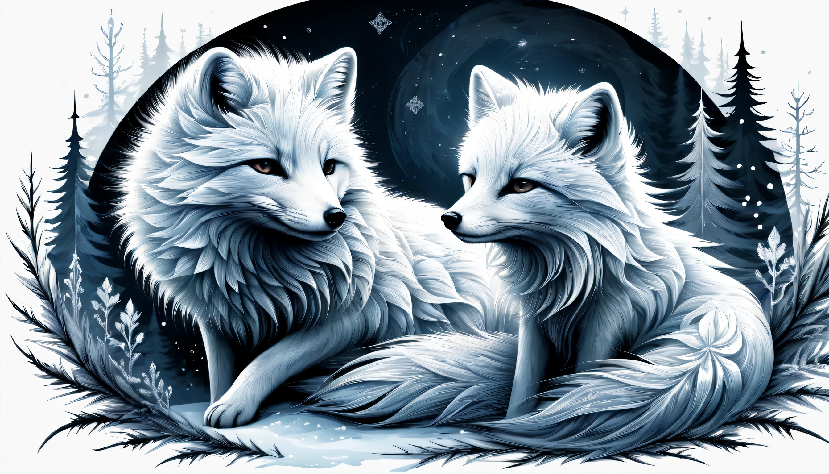 Illustration of an arctic fox in grunge style, Fur mix with delicate and powerful brush strokes, A frozen being in the darkness, lead to the core, core radiates, Releases a delicate power even while confined in darkness, The fox is sleeping with a cold, frozen world, breathe life into this creature, cold and frozen landscape, With intricate details and very fine brush strokes, Intricate details and fine lines, Visually stunning illustrations, dark fantasy atmosphere, tonal contrast, High quality grunge illustration, Amazingly complex 16K rendering,