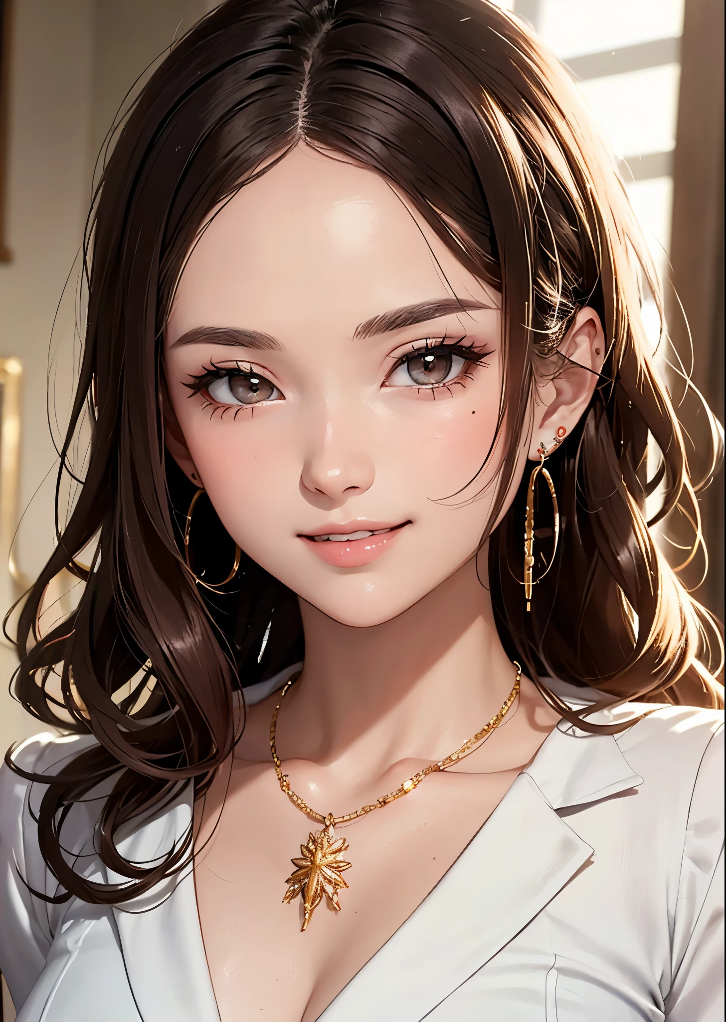 ((master piece)),((masterpiece:1.8)),(1 front photo), beautiful face, Highly detailed face and skin texture, fine eyes, fine eyes, brown eyes, double eyelid, thin eyebrows, glitter eyeliner: 1.2, natural cheeks, shiny skin, white skin: 1.2, shiny necklace and earrings, (glossy lips: 1. 4), (enchanting smile), (20-year-old), ((banker)),((uniform)),(very beautiful hair,), wavy hair, brown hair, medium hair, ((upper body shot)), (focus on chest and face), medium chest, perky chest.