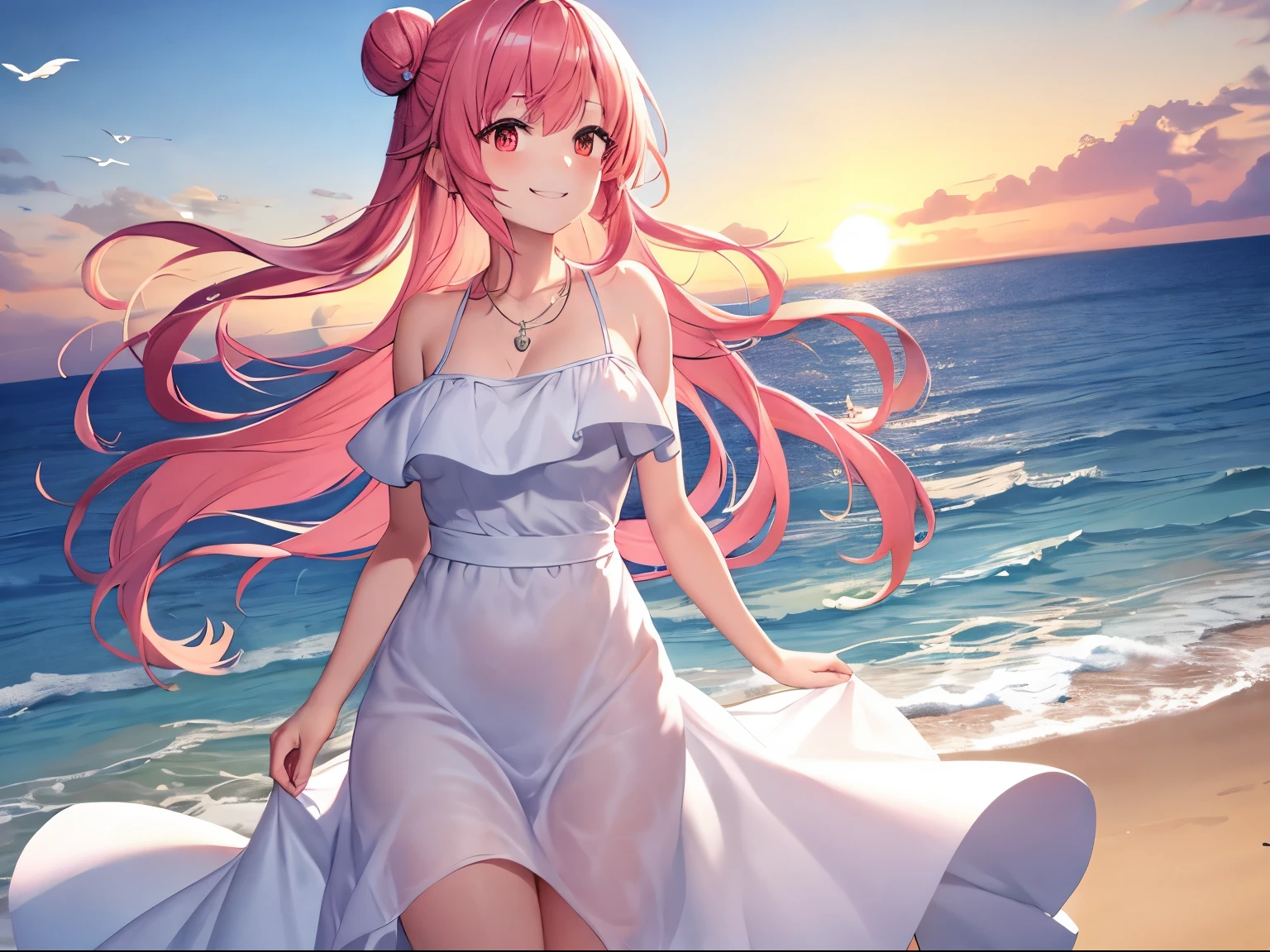 Sato, hair bun, long hair, pink hair, red eyes, cold wind, white dress, white dress, summer dress, coast, smile, sunset, Be Your Eyes, necklace, Standing on the beach, ocean, seagull ,dynamic cloud
