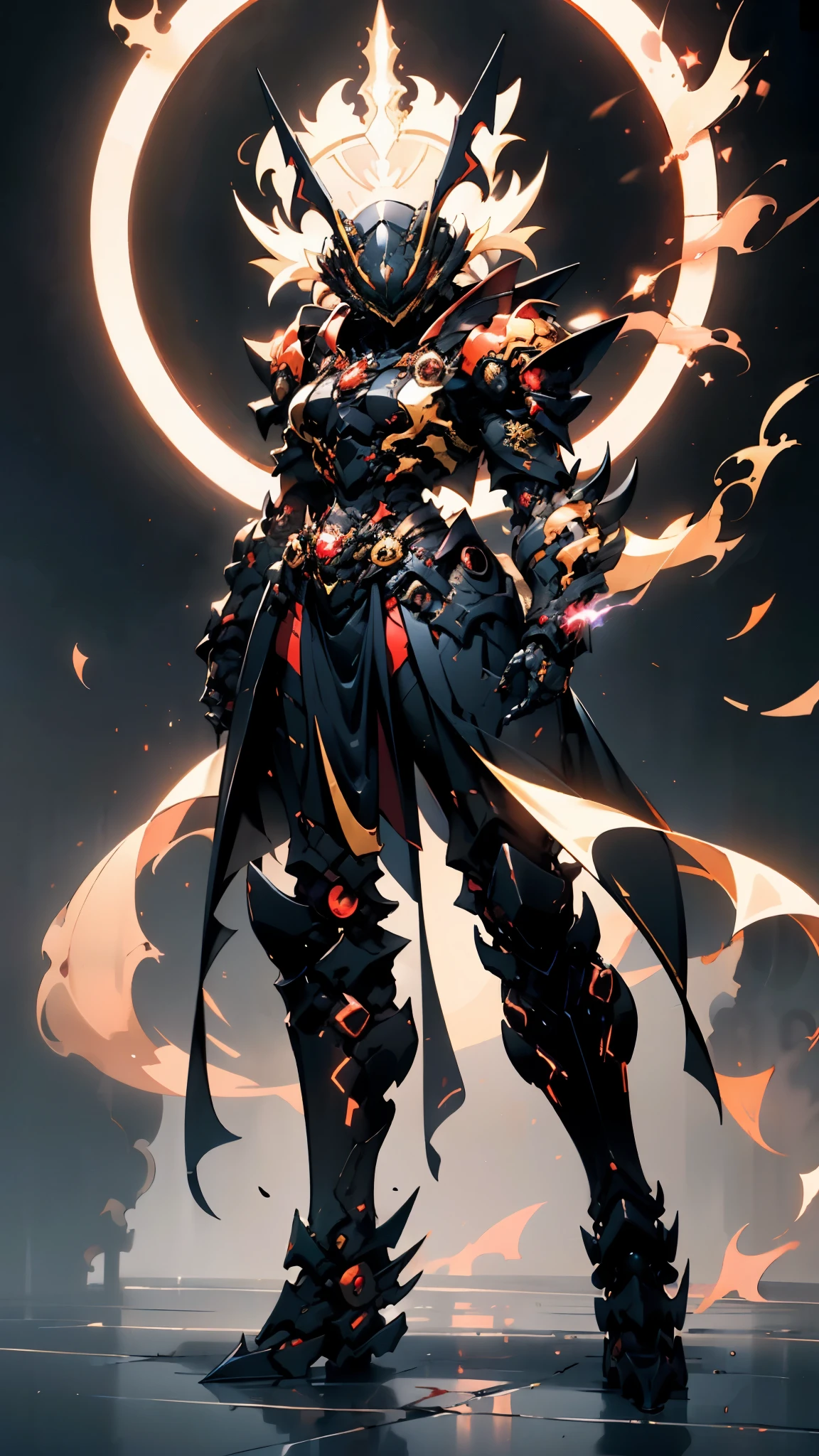 A woman adorned in fantasy-style full-body armor, a crown-concept fully enclosed helmet that unveils only her eyes, a composite layered chest plate, fully encompassing shoulder and hand guards, a lightweight waist armor, form-fitting shin guards, the overall design is heavy-duty yet flexible, ((the armor gleams with a golden glow, complemented by red and blue accents)), exhibiting a noble aura, she floats above a fantasy-surreal high-tech city, this character embodies a finely crafted fantasy-surreal style armored hero in anime style, exquisite and mature manga art style, (Queen bee mixed with Spider concept Armor, plasma, blood), ((Element, energy, elegant, goddess, femminine:1.5)), metallic, high definition, best quality, highres, ultra-detailed, ultra-fine painting, extremely delicate, professional, anatomically correct, symmetrical face, extremely detailed eyes and face, high quality eyes, creativity, RAW photo, UHD, 32k, Natural light, cinematic lighting, masterpiece-anatomy-perfect, masterpiece:1.5