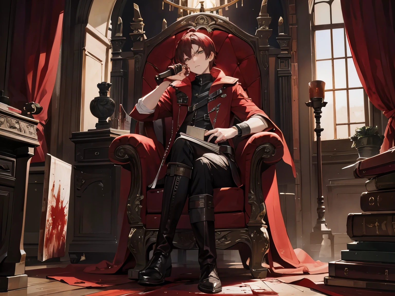 redish brown hair, short hair, holding a book, sitting on a throne, holding a knife, blood on his hands and knife, blood on his boots, serious face, looking serious expression, cross legs