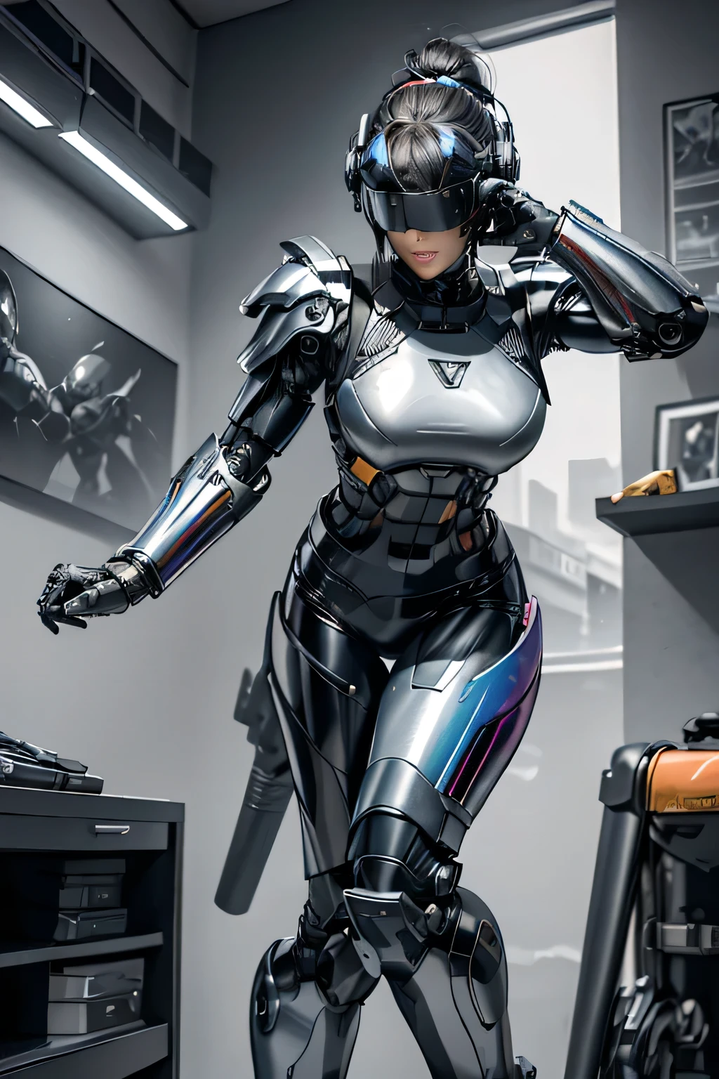 female robocop solo、Armor that completely covers the whole body、very large armor、helmet to hide eyes、rainbow armor、Armor that completely covers the chest、thin and long legs、Vibrant posel body view