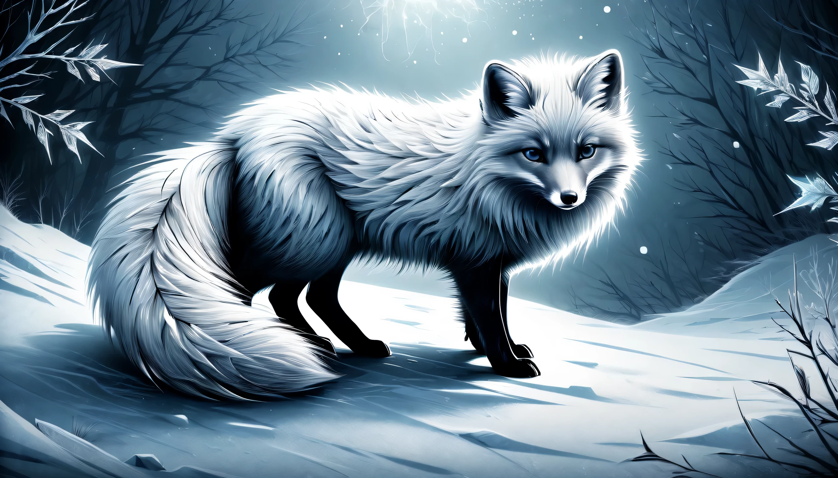 Illustration of an arctic fox in grunge style, Fur mix with delicate and powerful brush strokes, A frozen being in the darkness, lead to the core, core radiates, Releases a delicate power even while confined in darkness, The fox is sleeping with a cold, frozen world, breathe life into this creature, cold and frozen landscape, With intricate details and very fine brush strokes, Intricate details and fine lines, Visually stunning illustrations, dark fantasy atmosphere, tonal contrast, High quality grunge illustration, Amazingly complex 16K rendering,