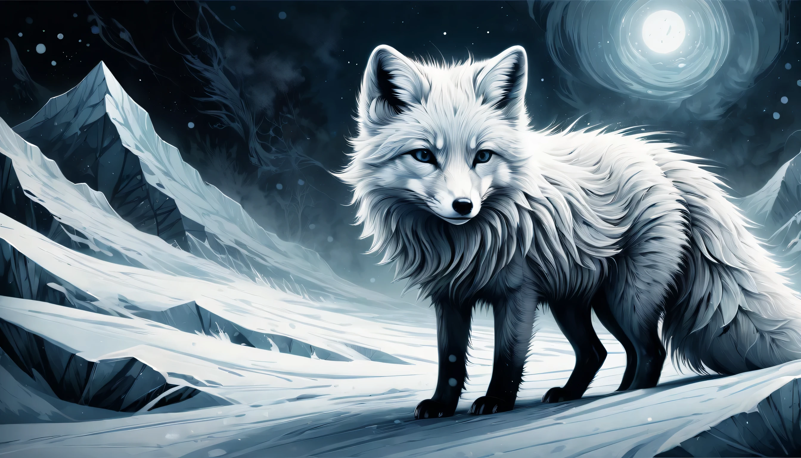 Illustration of an arctic fox in grunge style, Fur mix with delicate and powerful brush strokes, A frozen being in the darkness, lead to the core, core radiates, Releases a delicate power even while confined in darkness, The fox is sleeping with a cold, frozen world, breathe life into this creature, cold and frozen landscape, With intricate details and very fine brush strokes, Intricate details and fine lines, Visually stunning illustrations, dark fantasy atmosphere, tonal contrast, High quality grunge illustration, Amazingly complex 16K rendering,