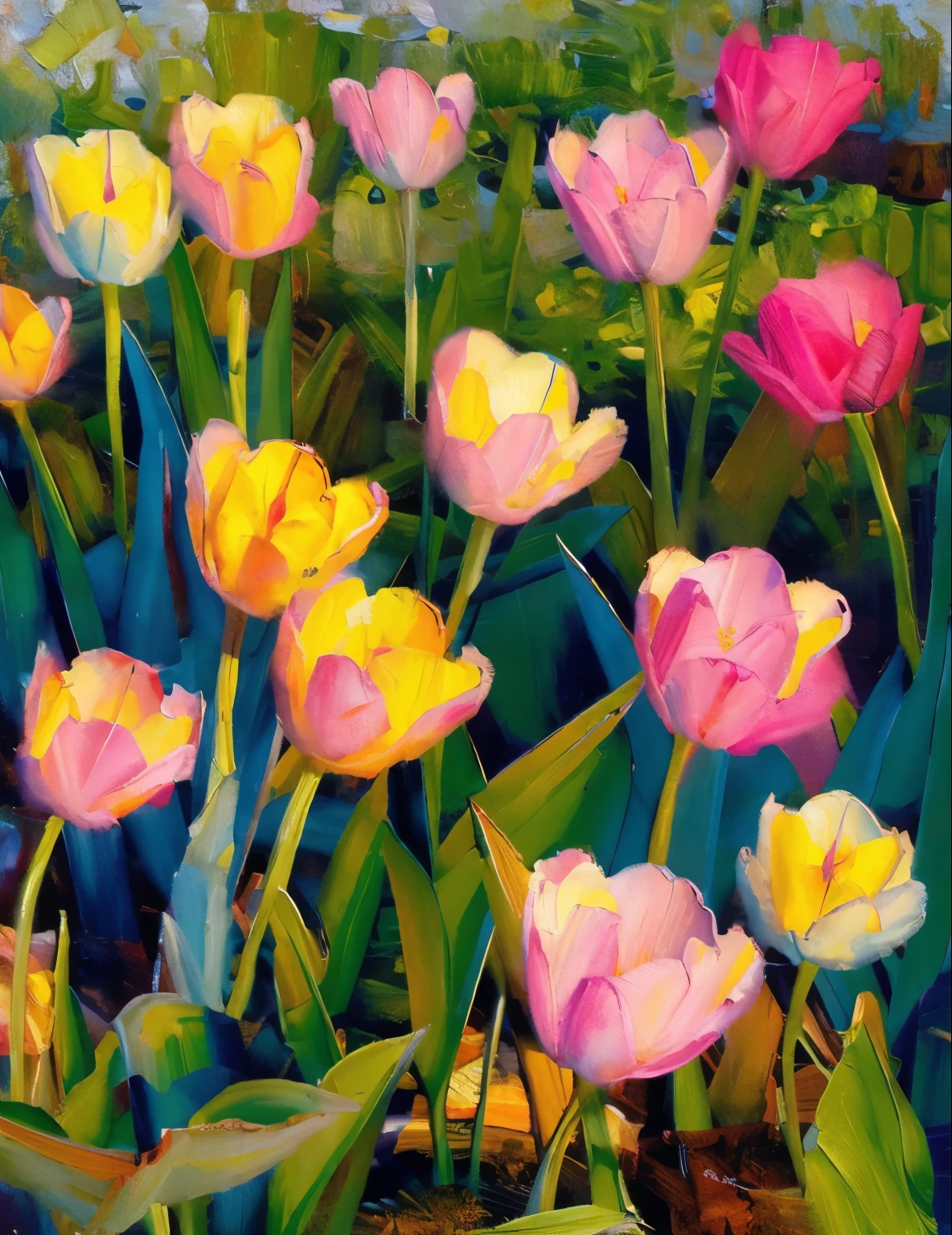 pink tulips, flowers bloom, lively, Very ornamental, its beauty is astonishing, blooming flowers,, Shine, oil paint strokes,Impressionism, Sunlight, red light green light