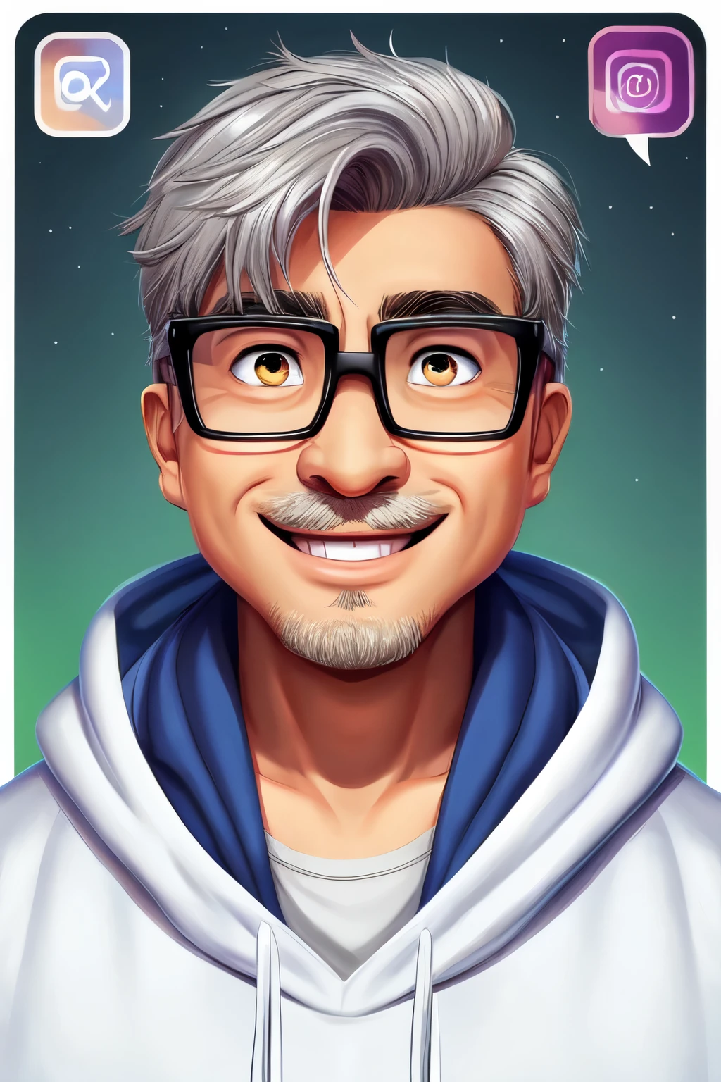 middle-aged man with glasses、gray hair、Fair skin、shortcut、Trimmed、hoodie、Instagram icon、smile