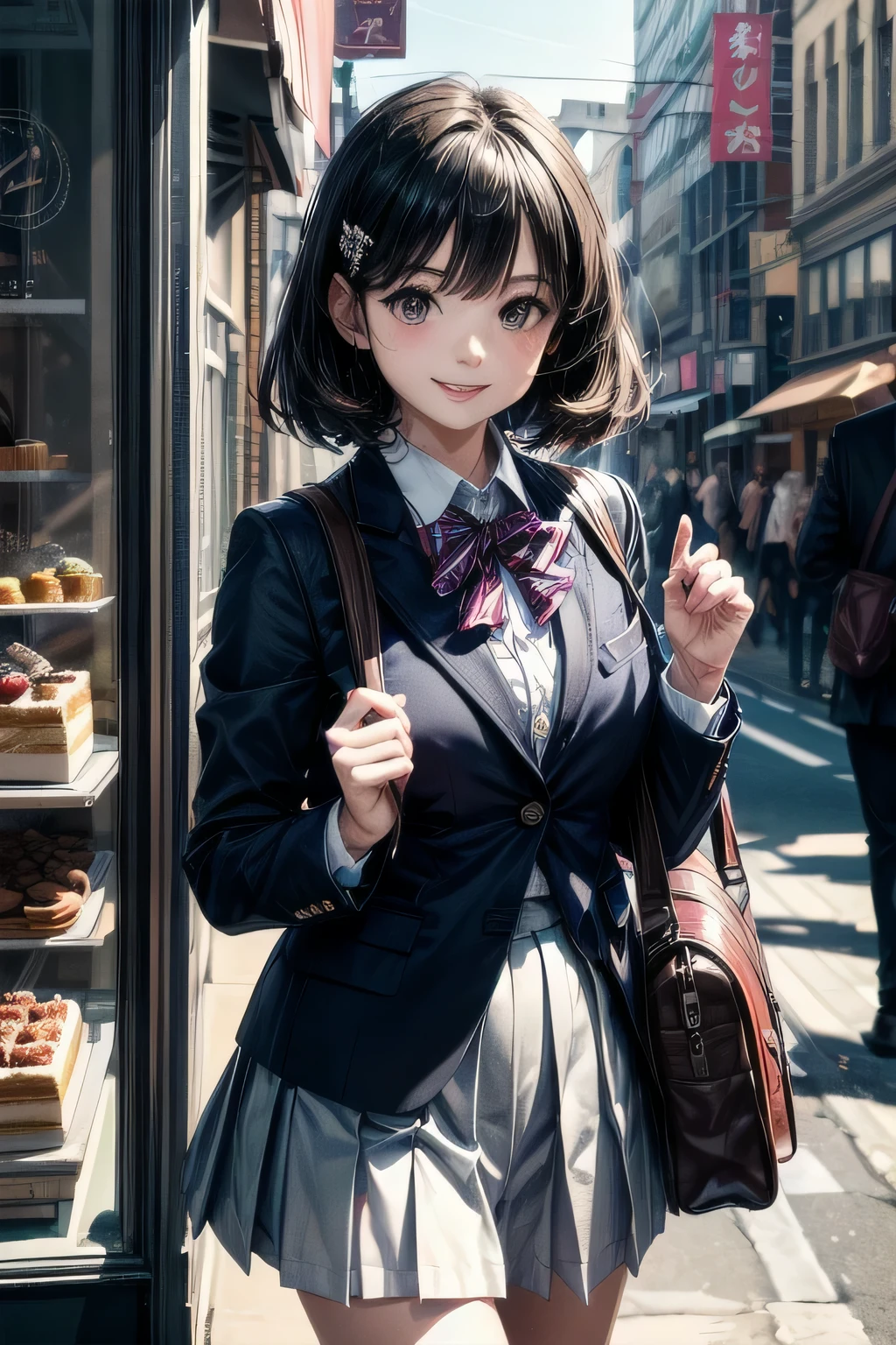 very cute and beautiful girl,teen,(very detailed美しい顔),
(blue blazer school uniform, Pleated standing in front of a cake shop window,
(smile:1.2),cowboy shot,have a school bag,hairpin,black hair,downtown street,
(highest quality,masterpiece:1.2),disorganized,High resolution,super detailed,very detailed,32K,8K resolution,
intricate details,movie-like scene,detailed background,alone,dynamic angle,hair blowing in the wind,