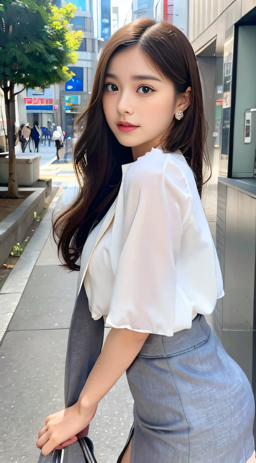 (((32K,very high res, high detailing, highly accurate,Masterpiece Girl 1))),Raw photo & realistic atmosphere,beautiful dark blue eyes,Detailed mouth,Glossy lips,Detailed eyebrows,Soft white skin that shines with every detail,,Eyes drawn in detail、Very beautiful eyes with azure eyes,Detailed lips、Very beautiful face,Very well-formed face、Lifelike face,shiny beautiful lips,Beautiful eyebrows,Infinite reality,Best design,(Insanely cute sober Japan -yeld hischool girl,Toned body,thighs thighs thighs thighs,Slender legs,Beautifully shaped breasts,Very cute beautiful girl,:1.5),Best Natural Makeup,Japanese ido,Korean Idols,Young sensual idol,Moist eyes,Dark beautiful eyes,Beautiful butt,beauty legs,,camel's foot,:1.3),超A high resolution、,Natural and realistic face,Back lighting,Pure eyes are too cute,(((photorealisim,Photograph the whole body))),,Reality Live Action,(Earrings that look fashionable,,a necklace,A bracelet,gyuru,Glossy nail art,Clothes like a girl,,Girlish clothes,,Dress up elegantly and cutely,Tailored jacket,Ruffled Inner Blouse Beautiful Draped Skirt,Beautiful fashionable girl with little exposure,Light Brown Fluffy Perm Medium Hair,solo,,chew a little,full body Esbian:1.7),Night in Shibuya(Turned:1.5)