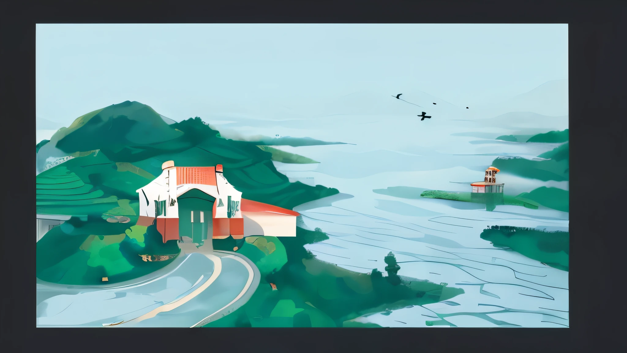 summer tea，lake surface，flying bird，tea mountain