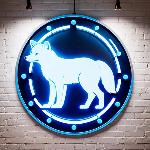 Company logo of arctic fox, round version of white tribal arctic fox, logo hangs on wooden wall, blue neon light between logo and wall, beautiful light and shadow 