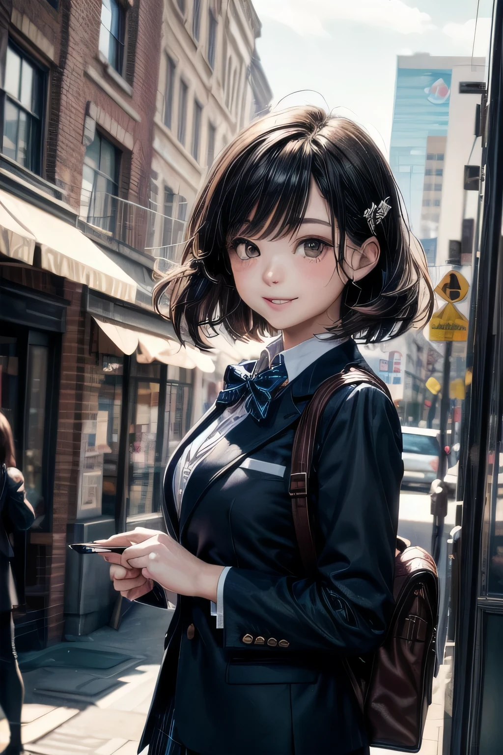 very cute and beautiful girl,,(very detailed美しい顔),
(blue blazer school uniform, Pleated standing in front of a cake shop window,
(smile:1.2),cowboy shot,have a school bag,hairpin,black hair,downtown street,
(highest quality,masterpiece:1.2),disorganized,High resolution,super detailed,very detailed,32K,8K resolution,
intricate details,movie-like scene,detailed background,alone,dynamic angle,hair blowing in the wind,