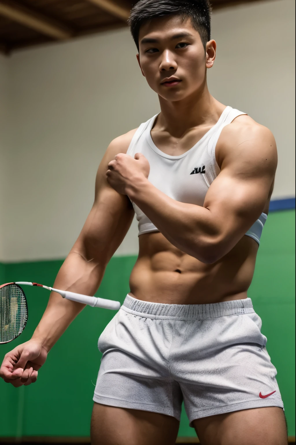 Close up picture of a young muscular Asian badminton player man ,wearing only shorts , shirtless,  standing and looking into the camera with a serious expression on his face, holding a badminton racket, badminton shuttlecock, in a badminton court background,Masterpiece，8K