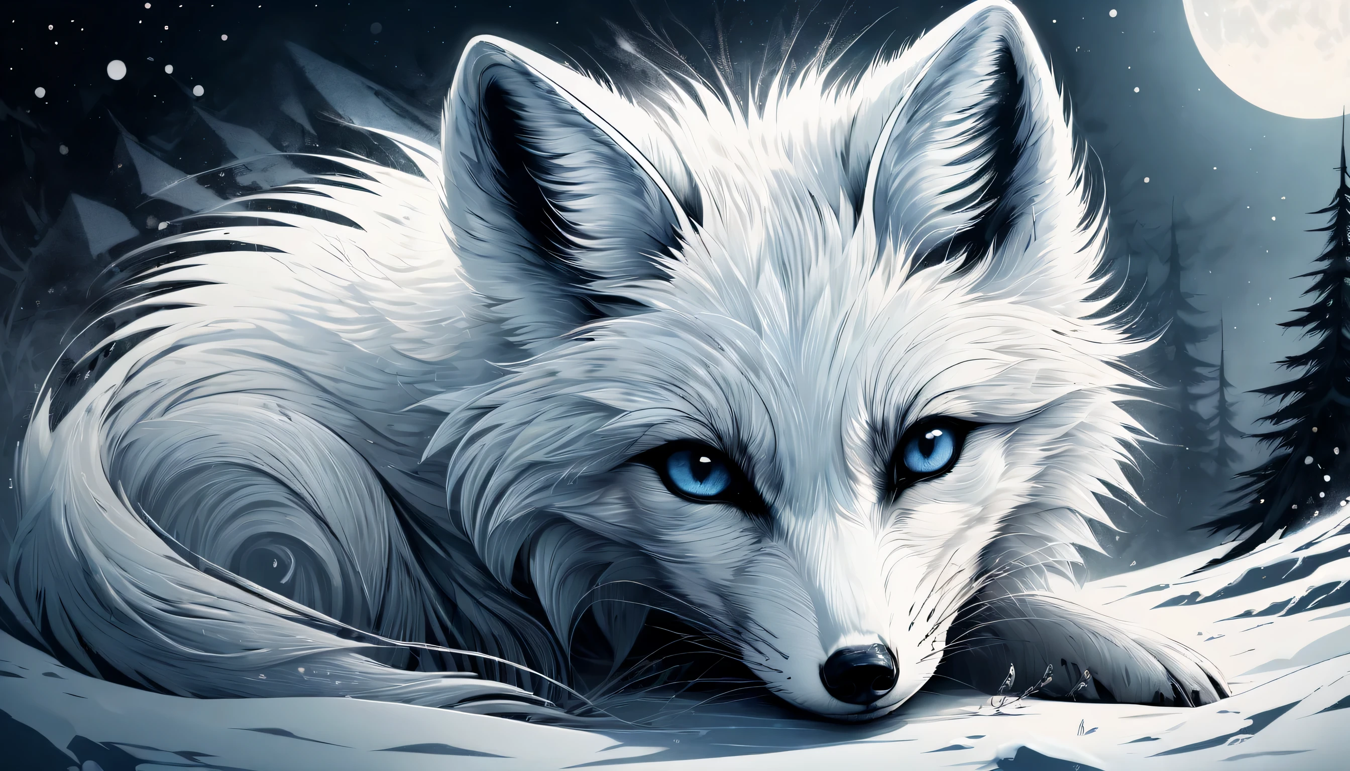 Illustration of an arctic fox in grunge style, Fur mix with delicate and powerful brush strokes, A frozen being in the darkness, lead to the core, core radiates, Releases a delicate power even while confined in darkness, The fox is sleeping with a cold, frozen world, breathe life into this creature, cold and frozen landscape, With intricate details and very fine brush strokes, Intricate details and fine lines, Visually stunning illustrations, dark fantasy atmosphere, tonal contrast, High quality grunge illustration, Amazingly complex 16K rendering,