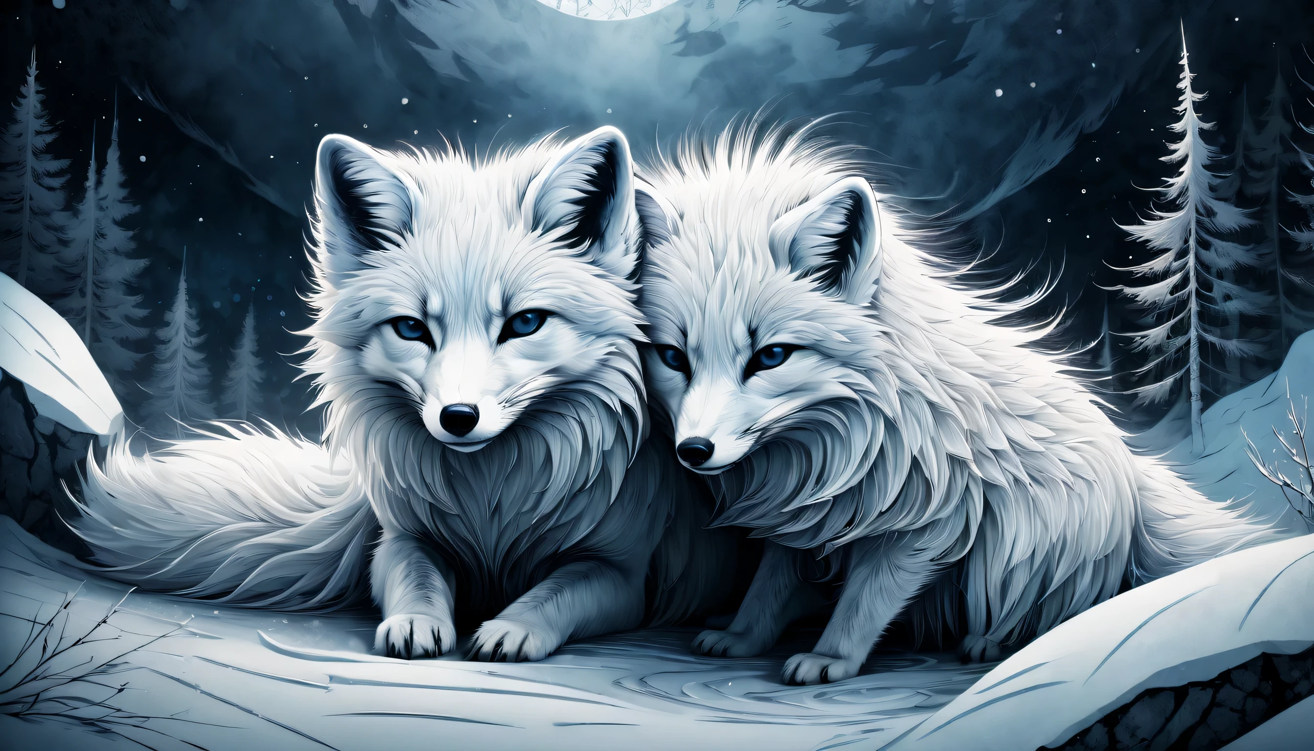 Illustration of an arctic fox in grunge style, Fur mix with delicate and powerful brush strokes, A frozen being in the darkness, lead to the core, core radiates, Releases a delicate power even while confined in darkness, The fox is sleeping with a cold, frozen world, breathe life into this creature, cold and frozen landscape, With intricate details and very fine brush strokes, Intricate details and fine lines, Visually stunning illustrations, dark fantasy atmosphere, tonal contrast, High quality grunge illustration, Amazingly complex 16K rendering,