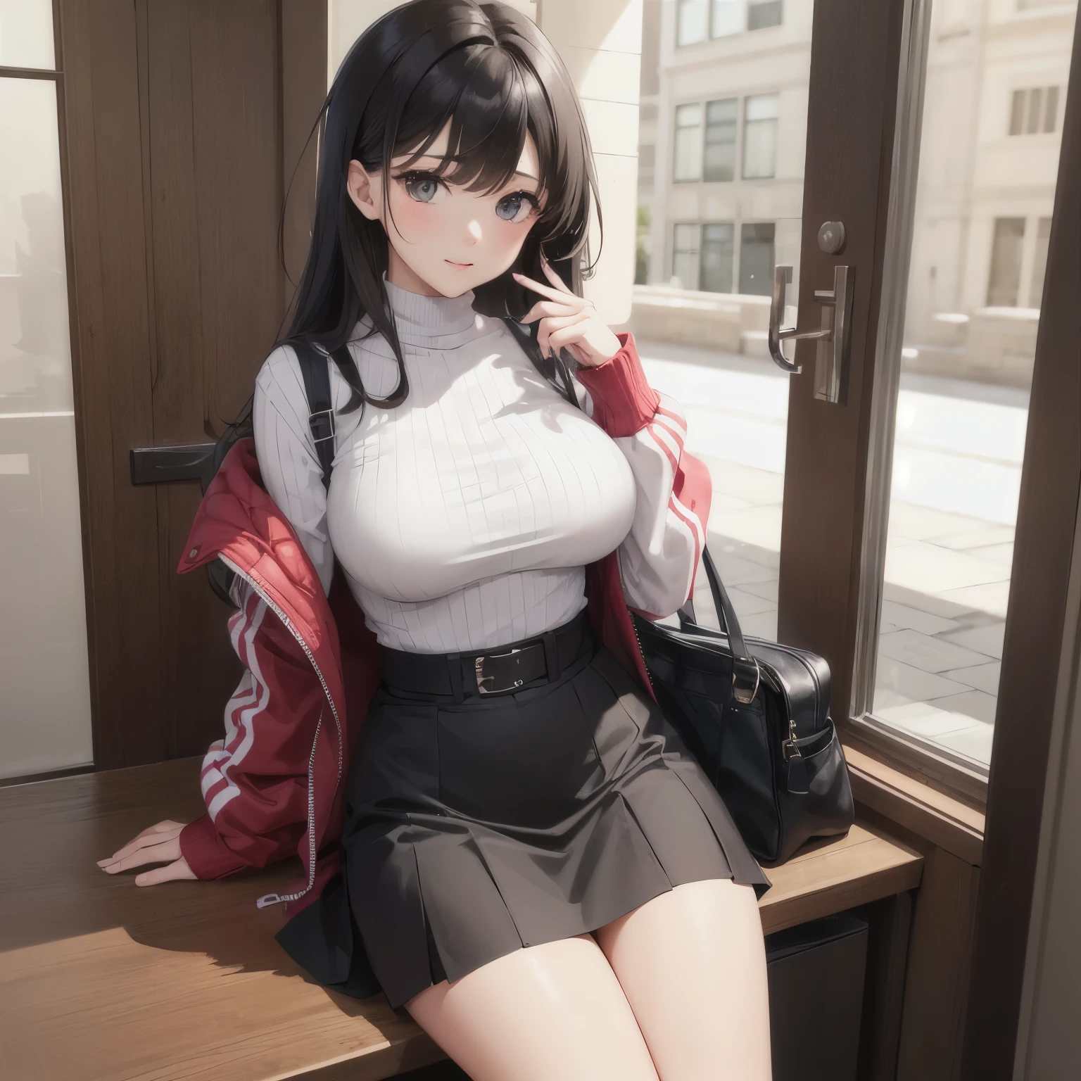 One girl, most beautiful face , wear a gray Woven clothes , big breasts , clothe is tight for her breast , beautiful body , 8k photo , her bag strap passed through in the middle of her breasts , clothe have Turtleneck , short skirt , medium thigh