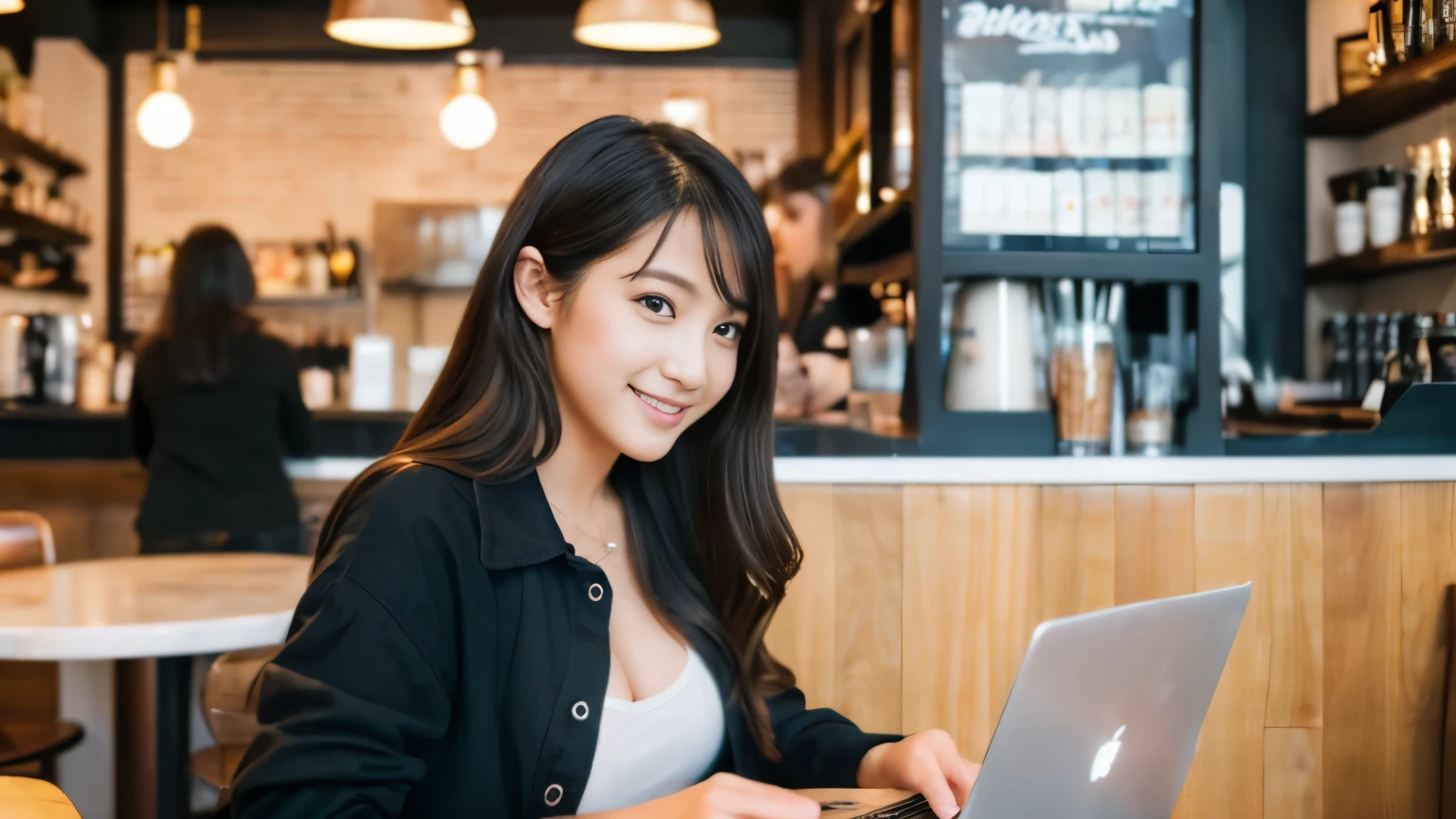 ((最high quality, 8k, masterpiece: 1.3)), perfect face,Inside a stylish cafe in New York、A scene in which a beautiful model-like woman with big breasts is drinking a latte and studying on a laptop.,All around you, you can see other customers enjoying their time.。At the back of the cafe、The staff are busy working at the counter.、You can feel the liveliness and warmth typical of urban cafes., sharp focus, 1 girl, Sexy 1.2, , (big: 1.5), fine eyes, Beautiful eyes with long slits, double eyelid, (cat face), (cute Face), cute Smile, (close your mouth), (cute), soft skin, Show the whole body, surreal, super detailed, high quality, (Beautiful female college student studying in a cafe), ((詳細な非常にcute女子大生), ((Her breasts are hidden but big enough to be seen through her clothes.))
