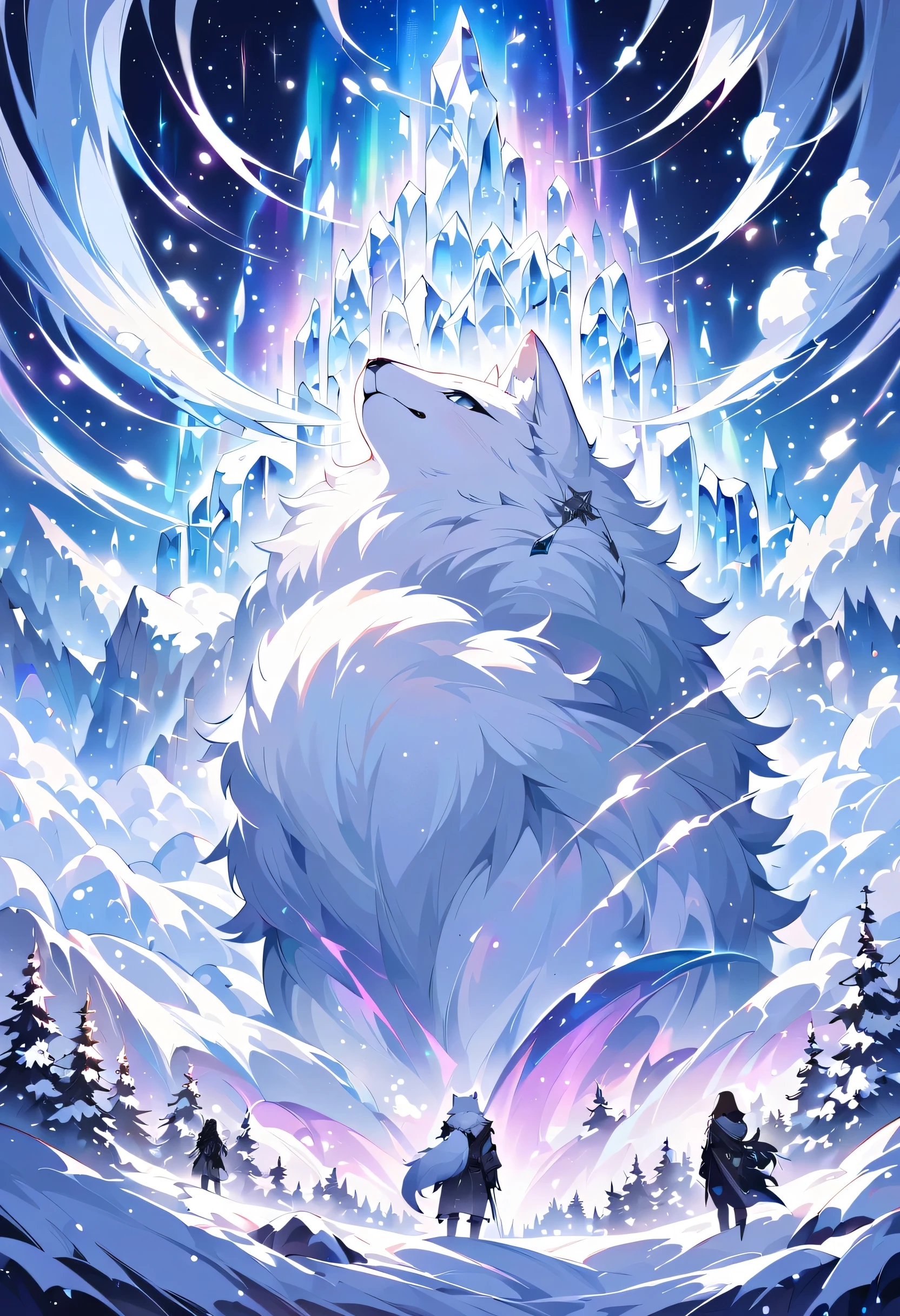 arctic fox theme sheet music, grunge illustration, intricate details, Ice and snow land background details, dark fantasy world, fluffy fur, cute big black eyes with highlights, Beautiful shining space and aurora sky, very detailed, intricate details, masterpiece, high quality, very fine brush strokes, Delicate brushwork, It's dark below due to the cold storm, Lots of mysterious particle sparkles, Details of the majestic atmosphere, Expressing the mysterious atmosphere of illustrations,