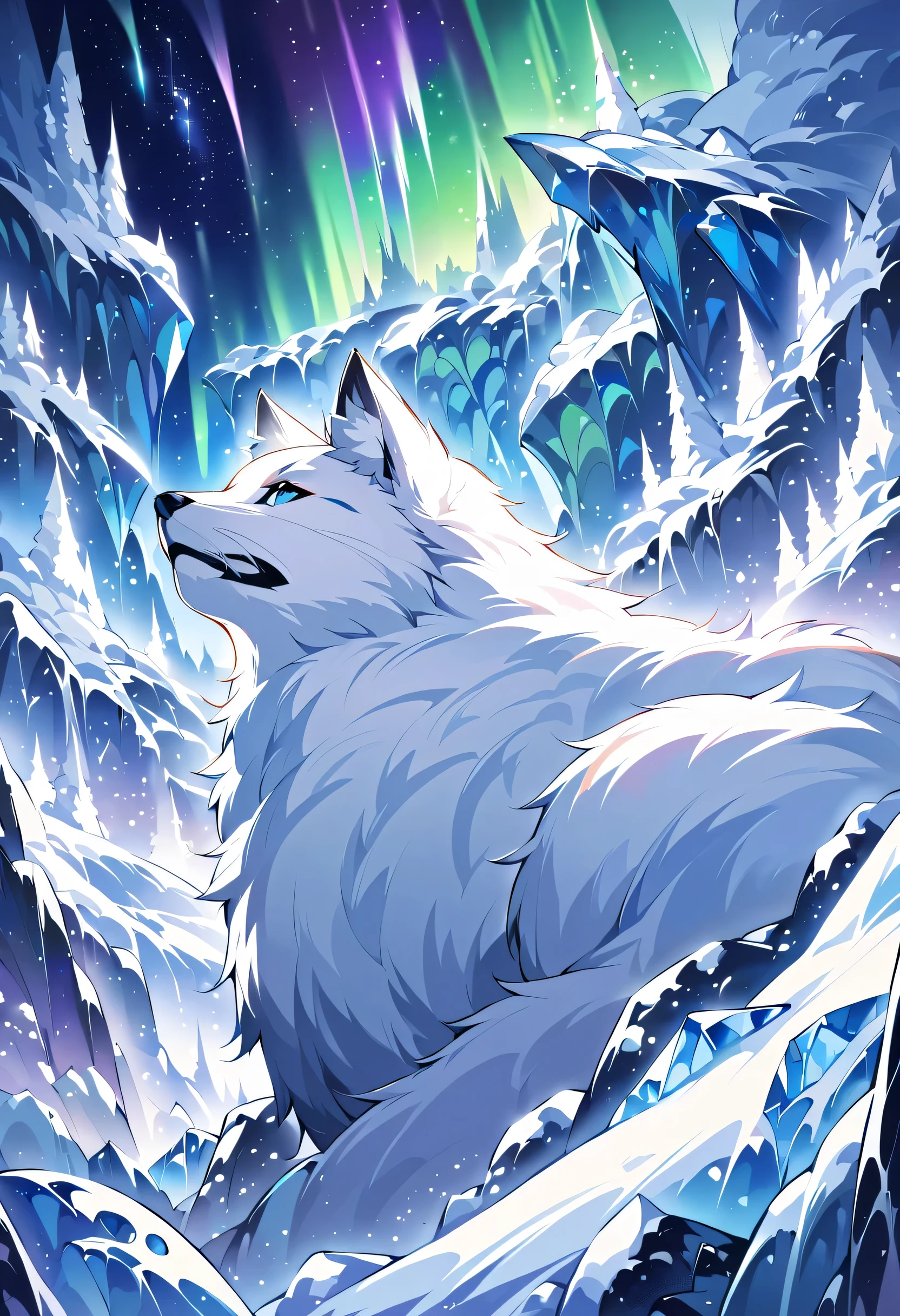 Illustration of an arctic fox in grunge style, Fur mix with delicate and powerful brush strokes, A frozen being in the darkness, lead to the core, core radiates, Releases a delicate power even while confined in darkness, The fox is sleeping with a cold, frozen world, breathe life into this creature, cold and frozen landscape, With intricate details and very fine brush strokes, Intricate details and fine lines, Visually stunning illustrations, dark fantasy atmosphere, tonal contrast, High quality grunge illustration, Amazingly complex 16K rendering,