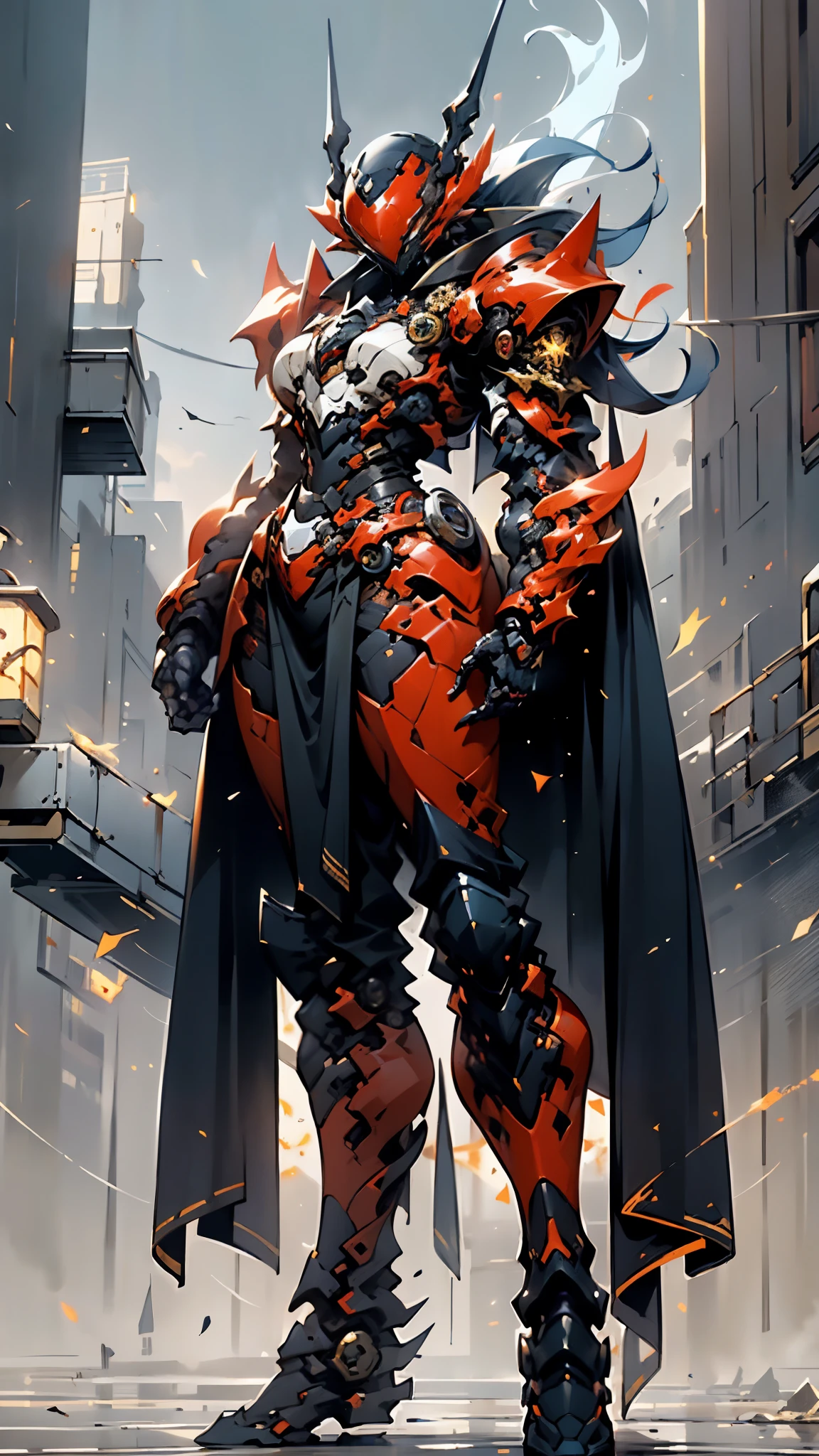 A woman adorned in fantasy-style full-body armor, a crown-concept fully enclosed helmet that unveils only her eyes, a composite layered chest plate, fully encompassing shoulder and hand guards, a lightweight waist armor, form-fitting shin guards, the overall design is heavy-duty yet flexible, ((the armor gleams with a golden glow, complemented by red and blue accents)), exhibiting a noble aura, she floats above a fantasy-surreal high-tech city, this character embodies a finely crafted fantasy-surreal style armored hero in anime style, exquisite and mature manga art style, (Queen bee mixed with Spider concept Armor, plasma, blood), ((Element, energy, elegant, goddess, femminine:1.5)), metallic, high definition, best quality, highres, ultra-detailed, ultra-fine painting, extremely delicate, professional, anatomically correct, symmetrical face, extremely detailed eyes and face, high quality eyes, creativity, RAW photo, UHD, 32k, Natural light, cinematic lighting, masterpiece-anatomy-perfect, masterpiece:1.5