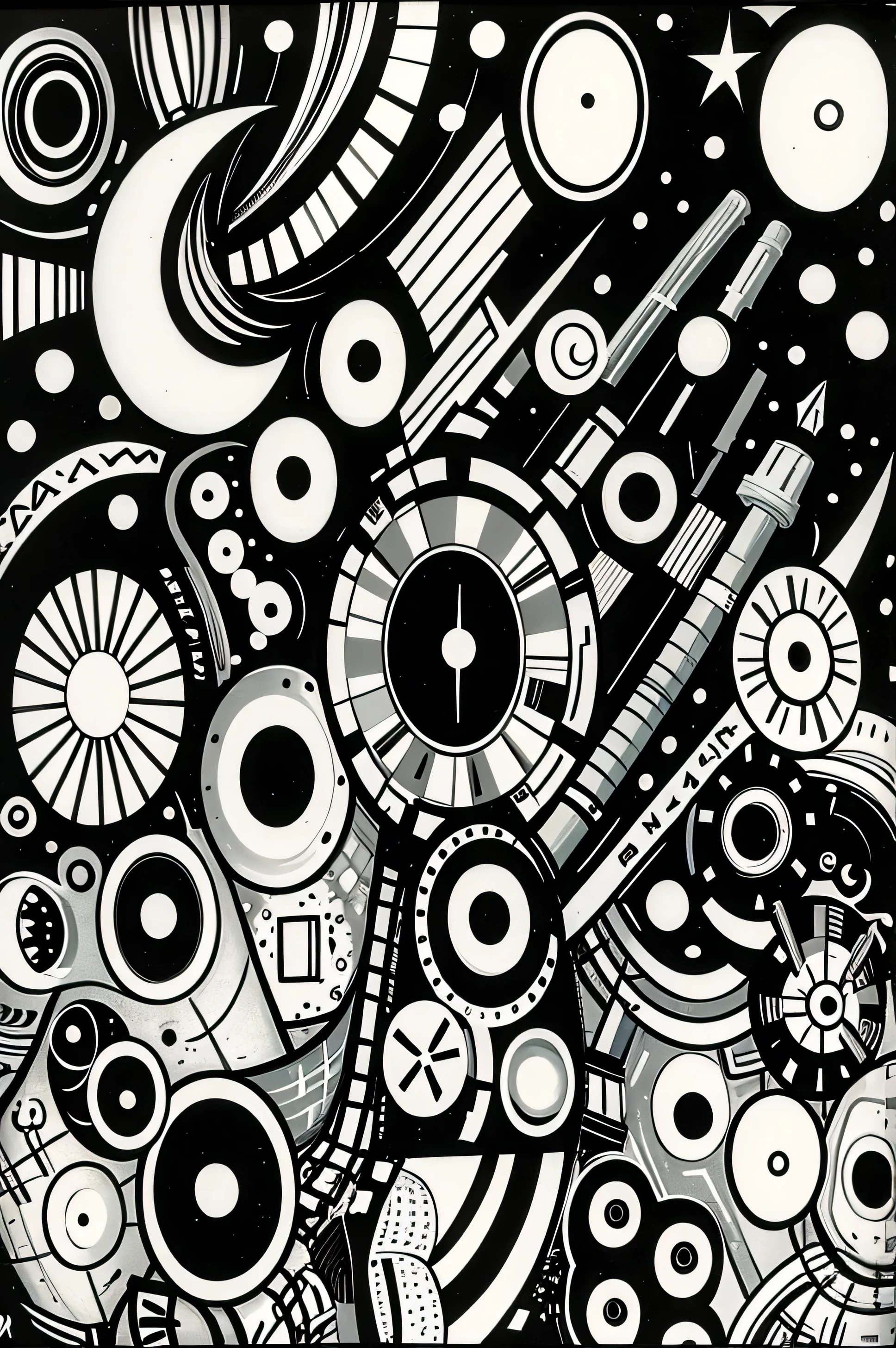 Black and white drawing of a space station with a rocket, planet, and other objects, black and white vector art, Complex galactic design, Detailed ink illustration, Background Space Graphic Art, Ink Artwork, highly Detailed ink illustration, graffiti art, Pen and ink doodles, line art illustration, Detailed ink drawing, science fiction patterns, intricate biopunk patterns