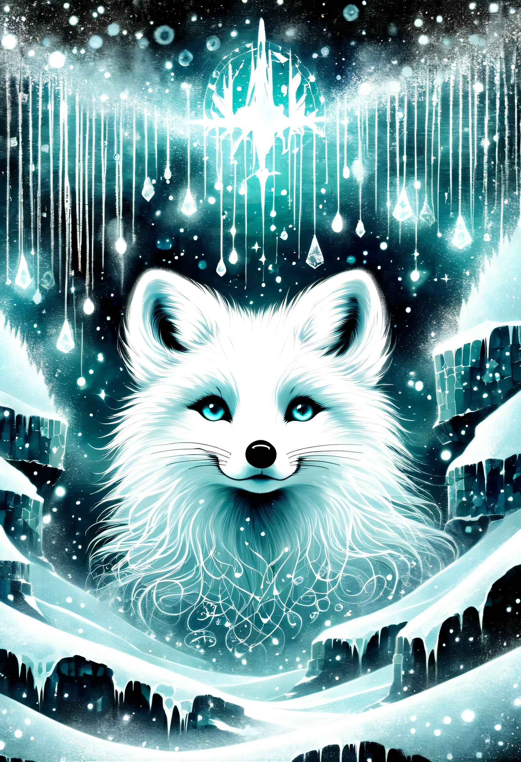 Illustration of an arctic fox in grunge style, Fur mix with delicate and powerful brush strokes, A frozen being in the darkness, lead to the core, core radiates, Releases a delicate power even while confined in darkness, The fox is sleeping with a cold, frozen world, breathe life into this creature, cold and frozen landscape, With intricate details and very fine brush strokes, Intricate details and fine lines, Visually stunning illustrations, dark fantasy atmosphere, tonal contrast, High quality grunge illustration, Amazingly complex 16K rendering,