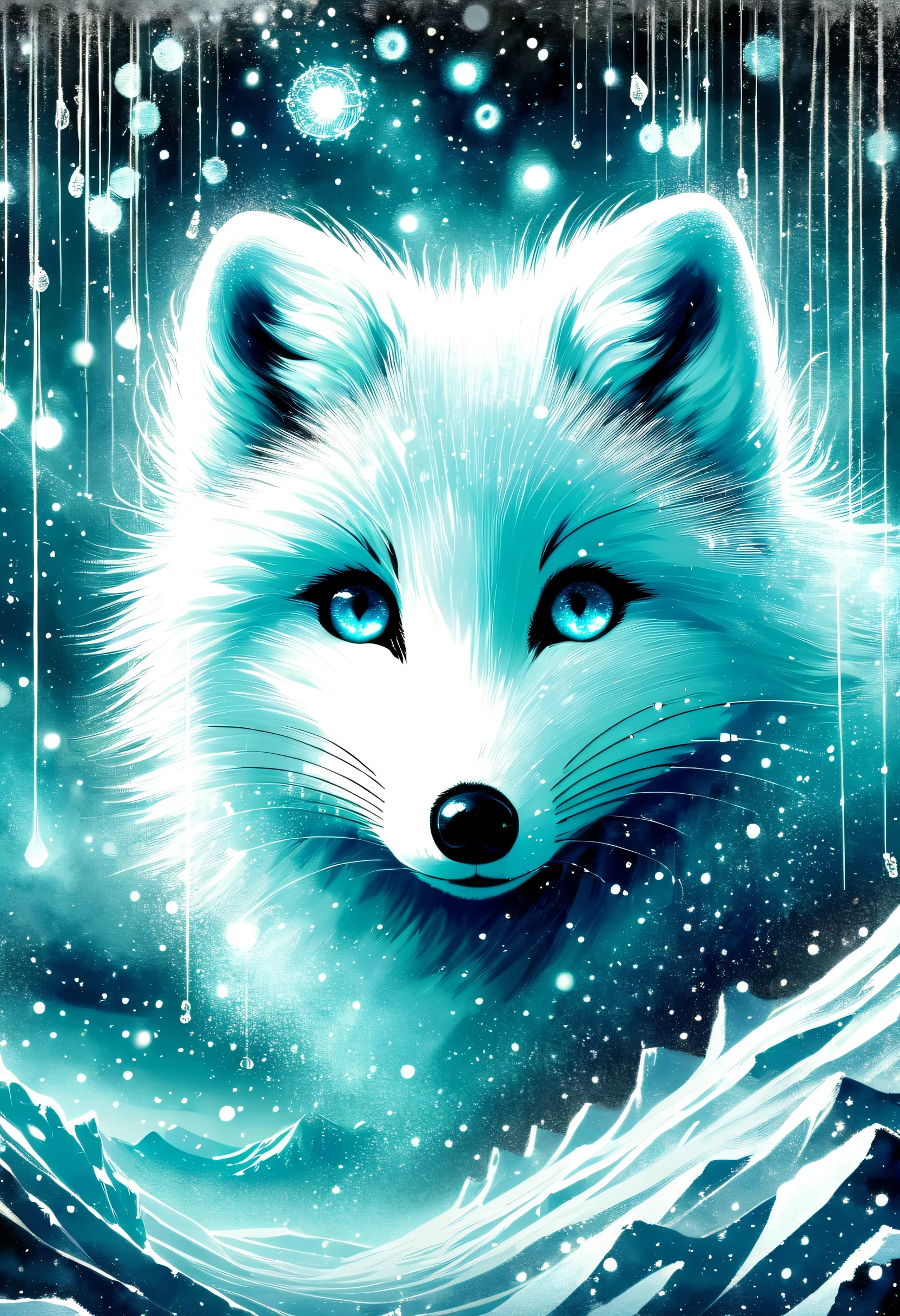 arctic fox theme sheet music, grunge illustration, intricate details, Ice and snow land background details, dark fantasy world, fluffy fur, cute big black eyes with highlights, Beautiful shining space and aurora sky, very detailed, intricate details, masterpiece, high quality, very fine brush strokes, Delicate brushwork, It's dark below due to the cold storm, Lots of mysterious particle sparkles, Details of the majestic atmosphere, Expressing the mysterious atmosphere of illustrations,