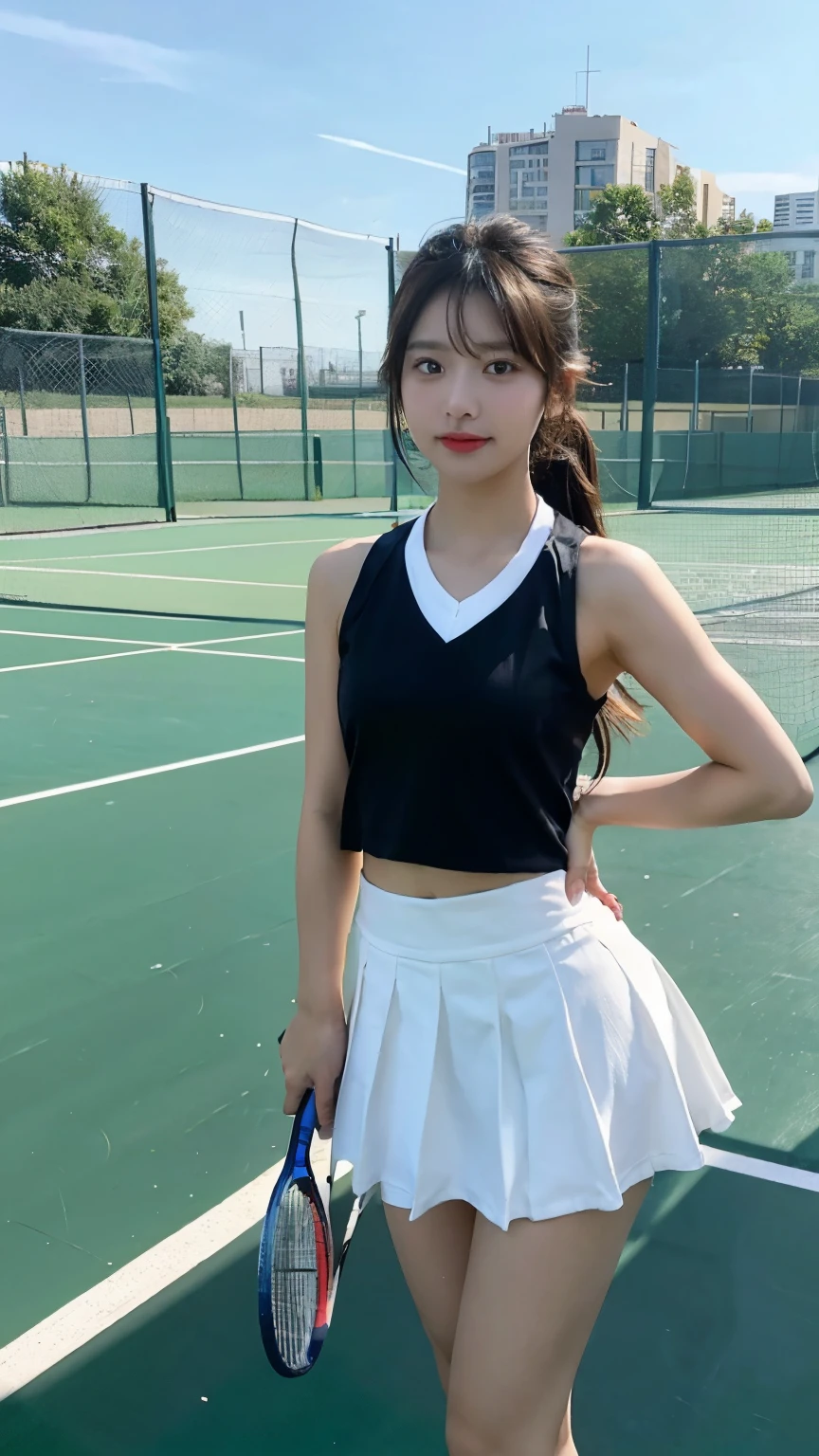 (masterpiece, best quality),nsfw, 1girl, standing, cute,
BREAK
Girls wearing tennis wear on tennis court, Super mini skirt,